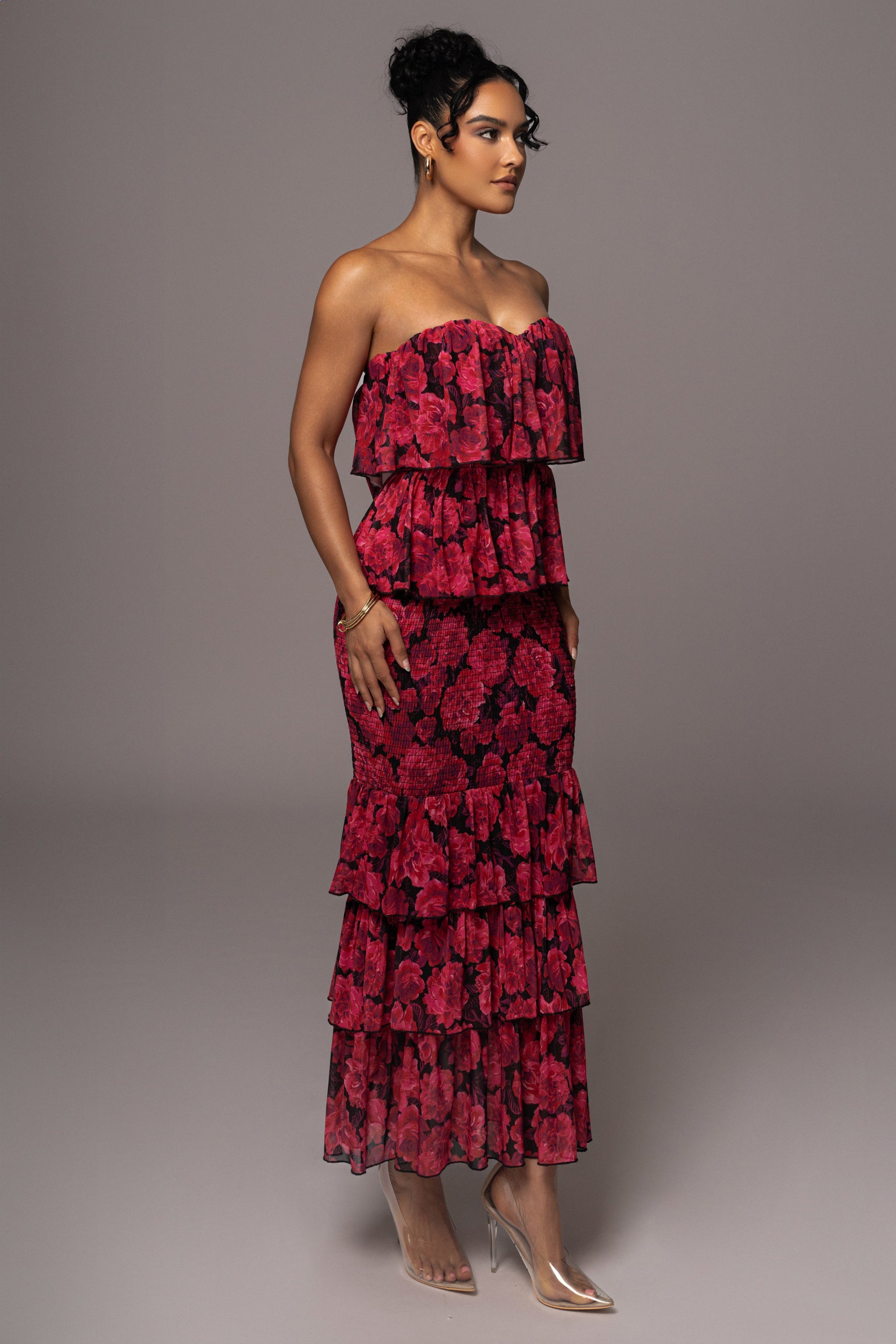 Pink  Floral Casa Blanca Ruffle Dress JLUXLABEL