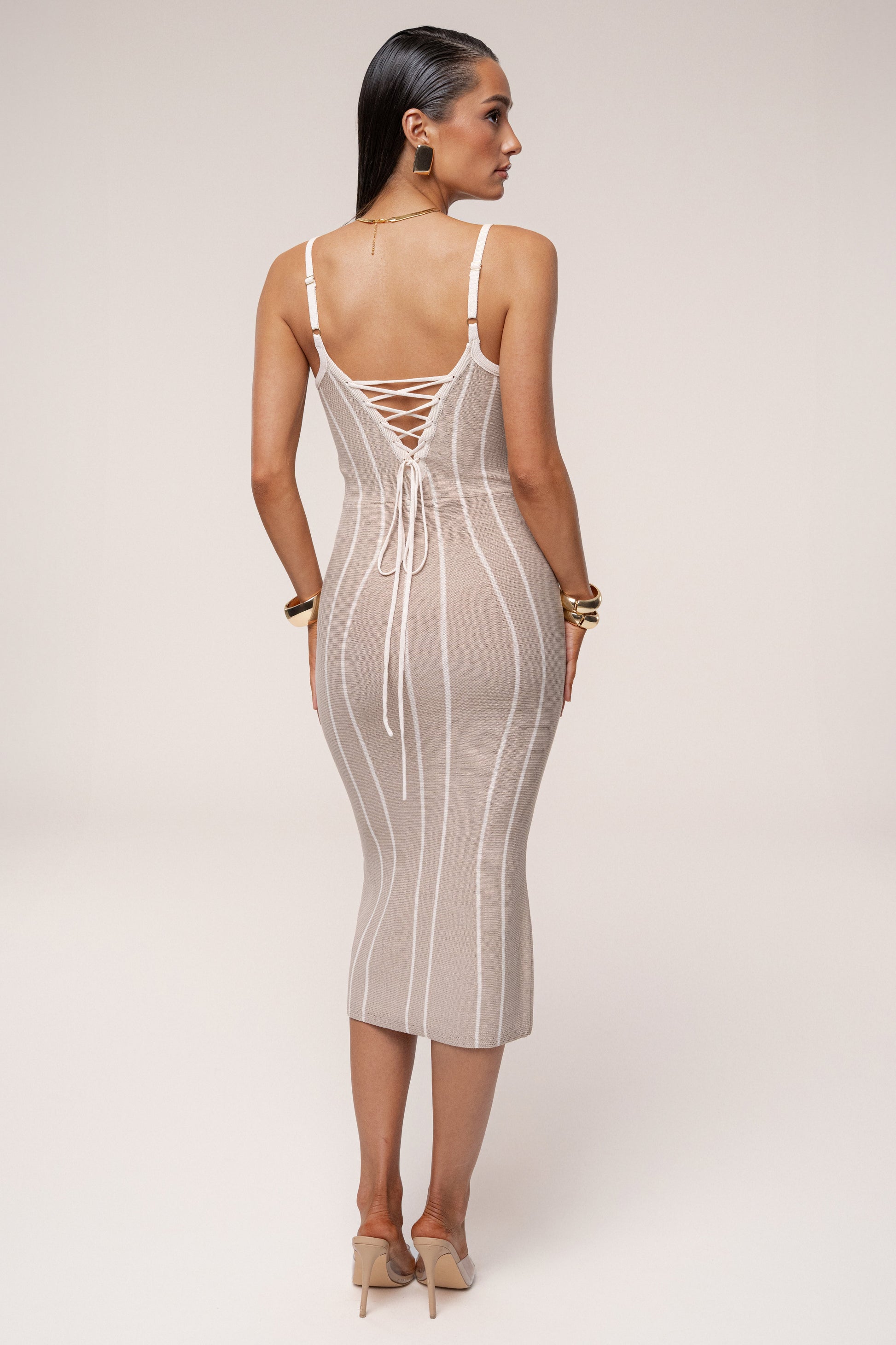 Beige/Ivory Parallel Elegance Midi Dress JLUXLABEL