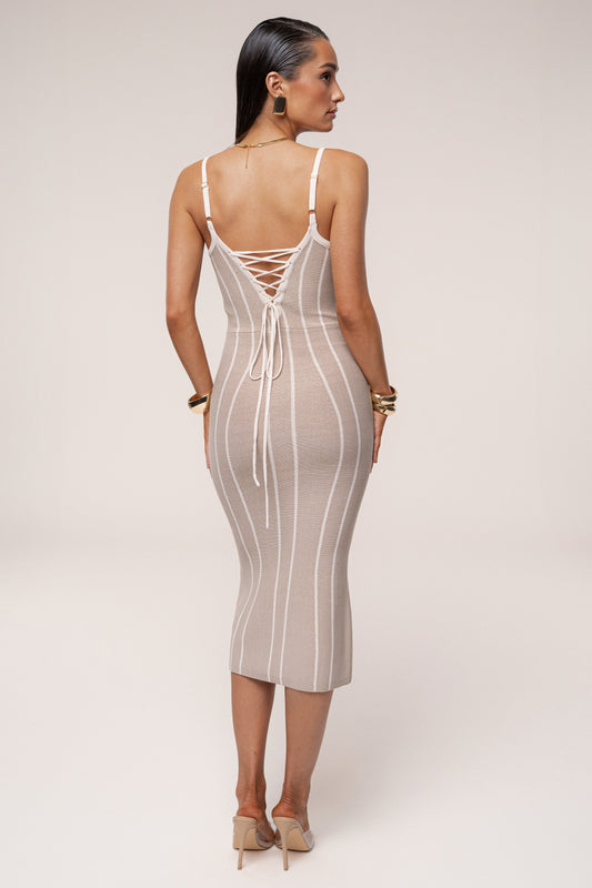 Beige/Ivory Parallel Elegance Midi Dress JLUXLABEL