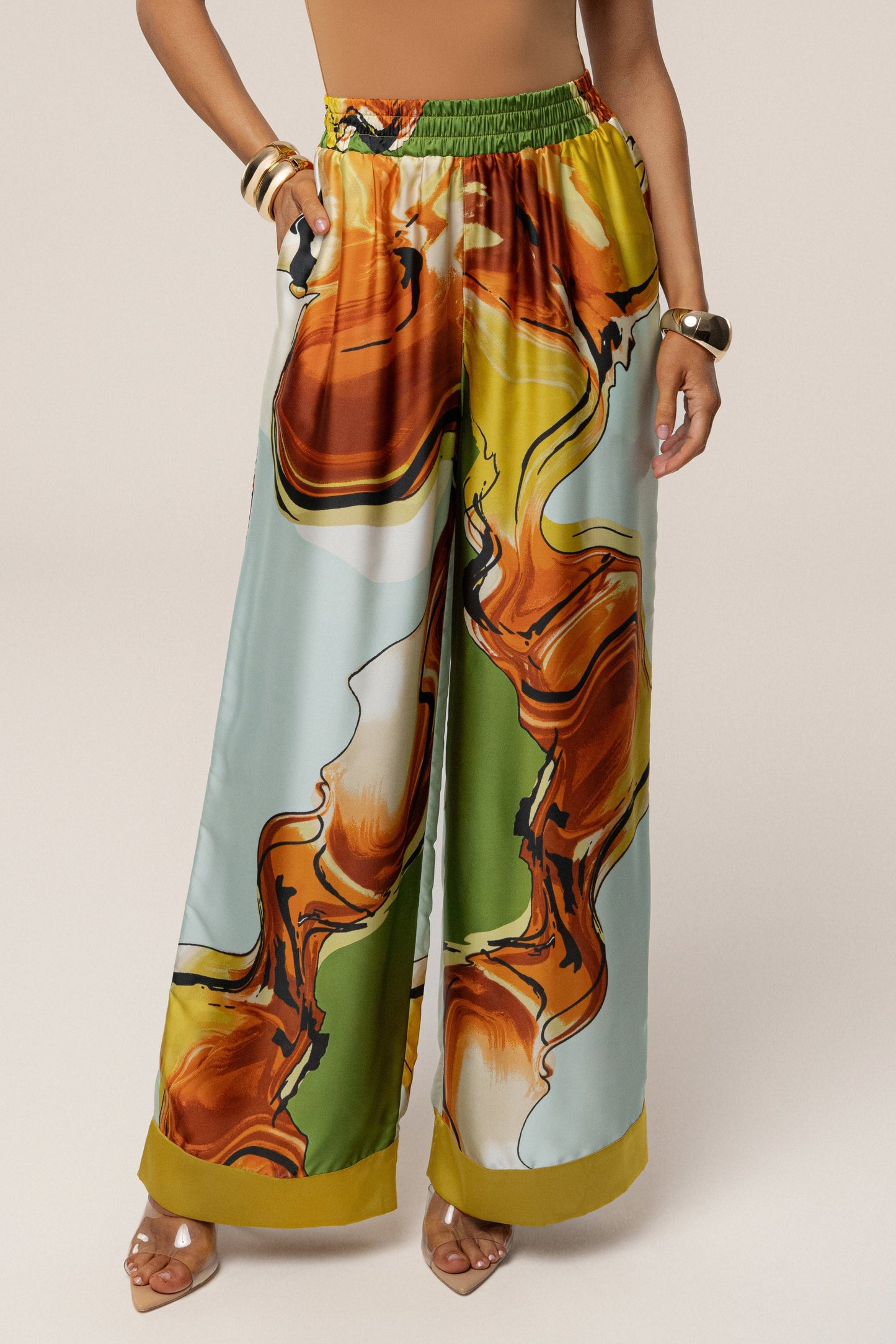 PRE-ORDER Green Tropical Print Jet Set Wide Leg Pants NEWFASHIONEDGE