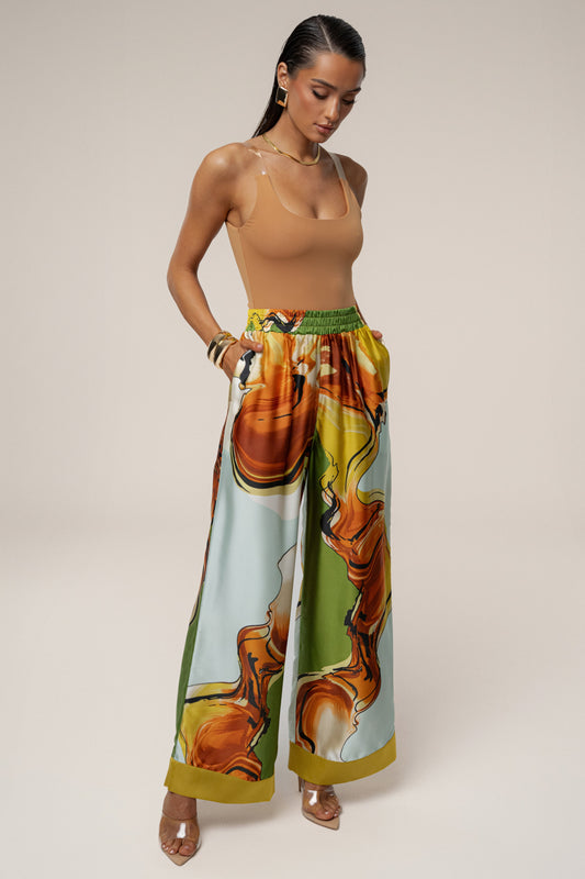 PRE-ORDER Green Tropical Print Jet Set Wide Leg Pants NEWFASHIONEDGE