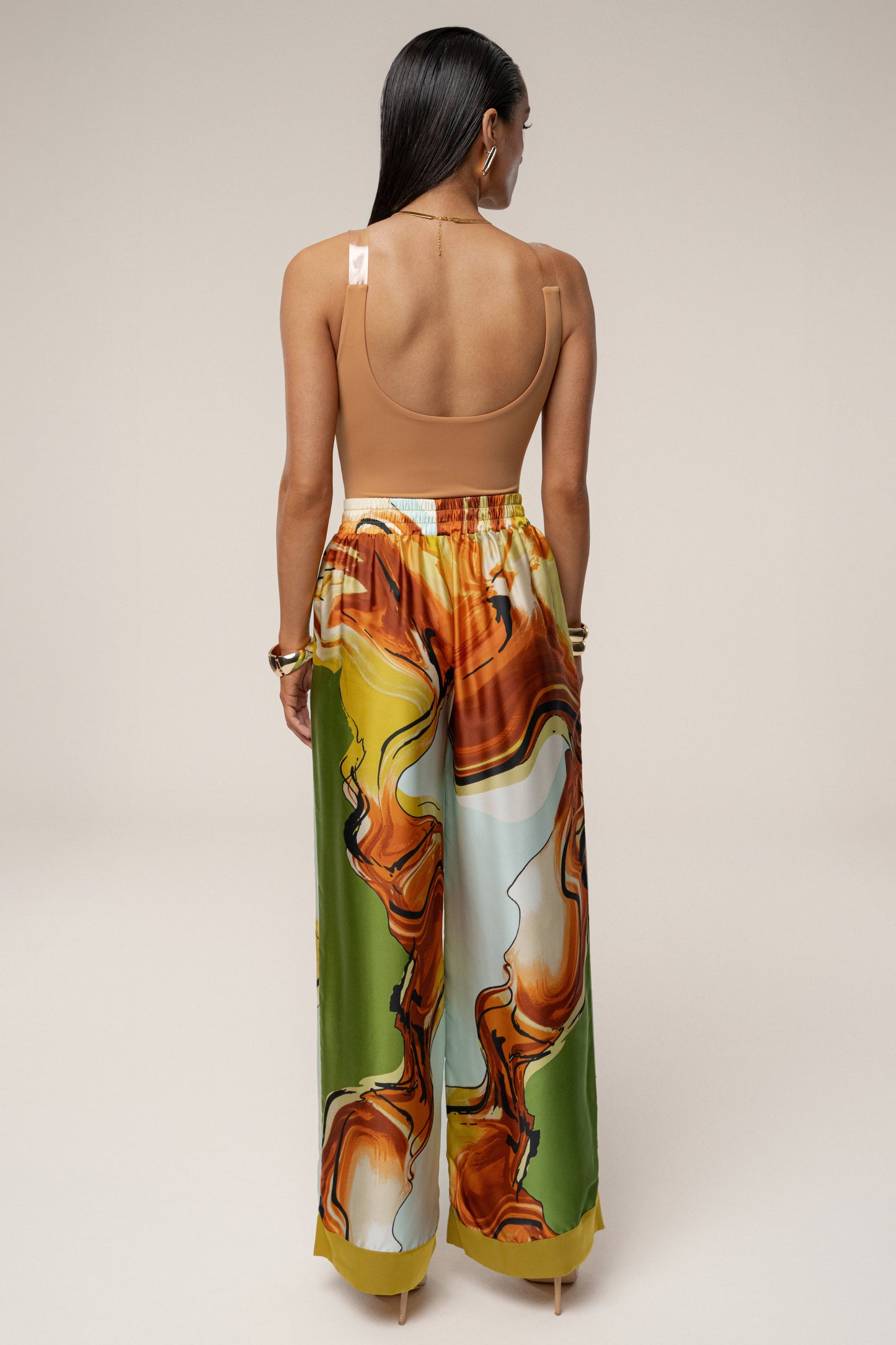 PRE-ORDER Green Tropical Print Jet Set Wide Leg Pants NEWFASHIONEDGE