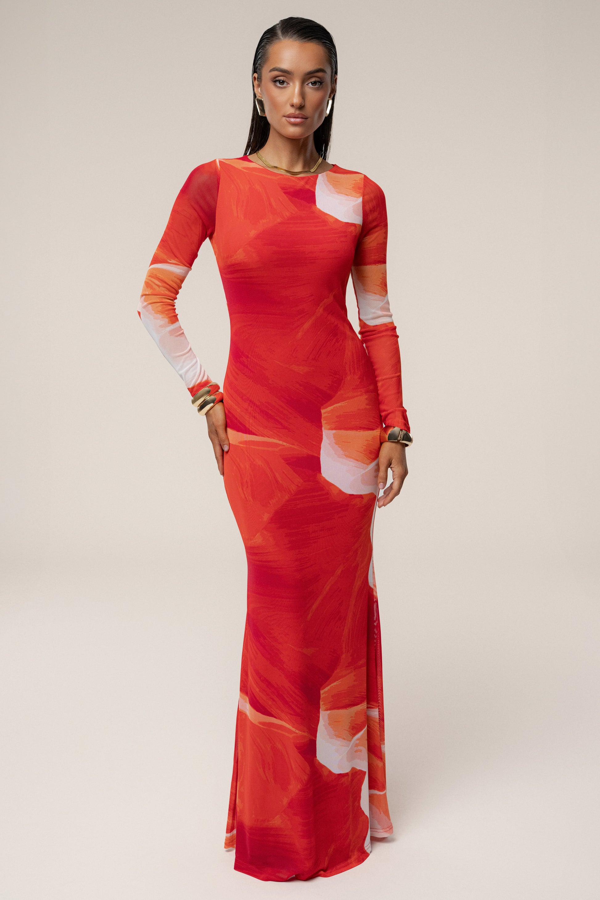 Sunset Red Palms And Sands Mesh Maxi Dress JLUXLABEL