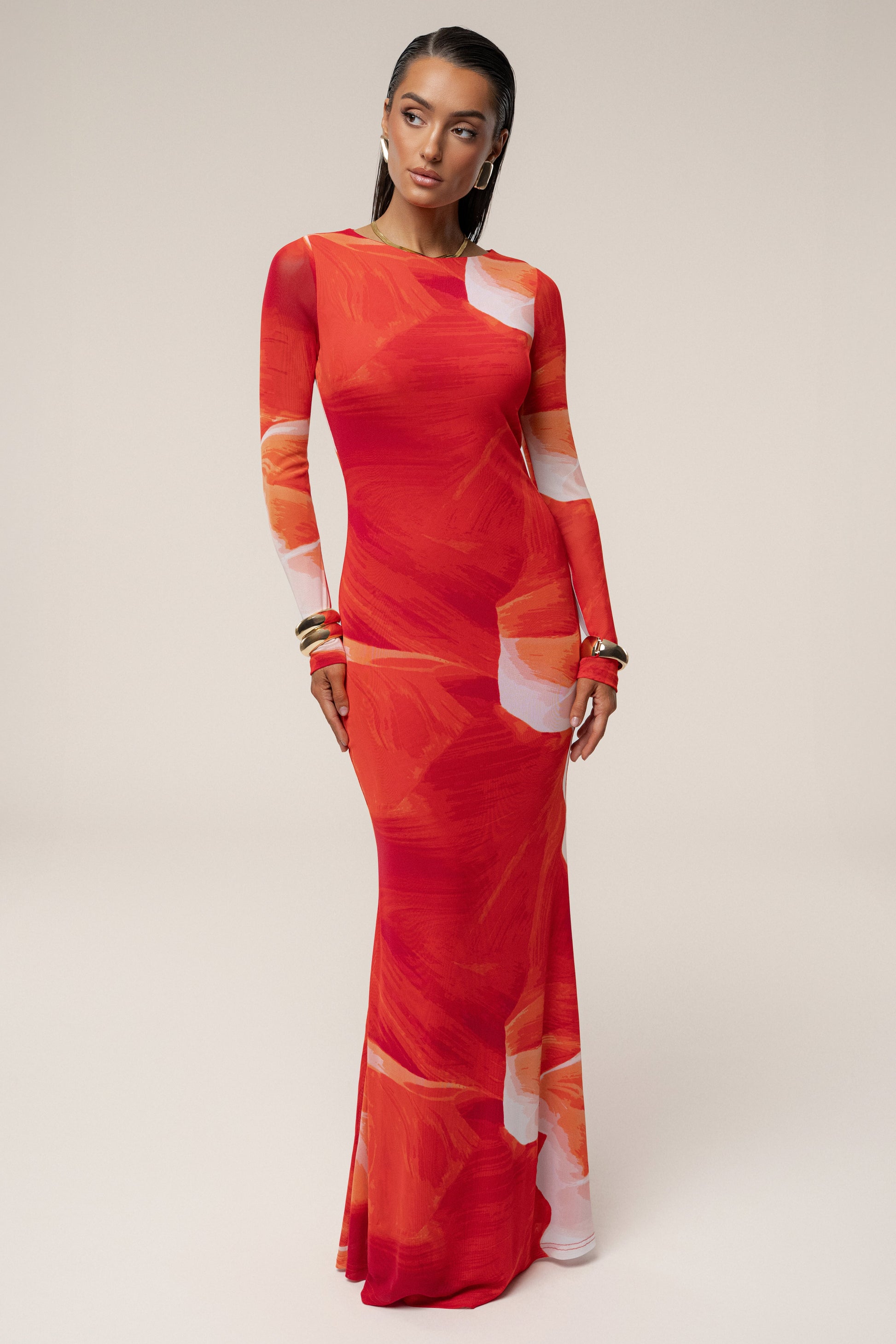 Sunset Red Palms And Sands Mesh Maxi Dress JLUXLABEL
