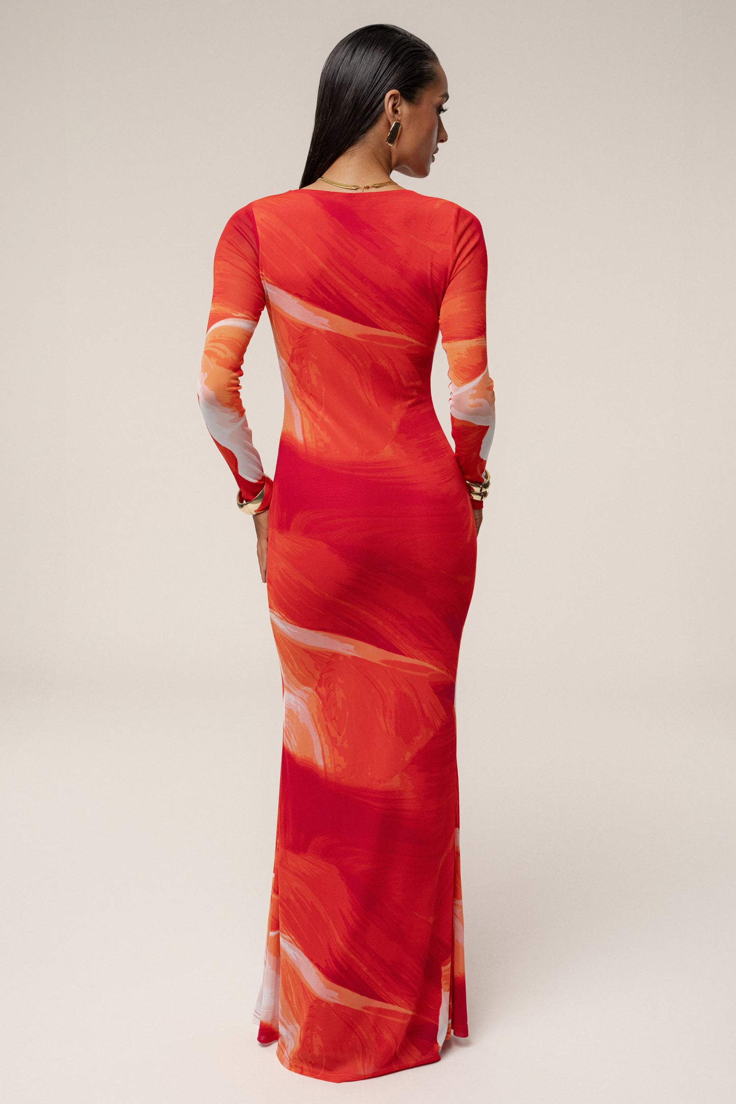 Sunset Red Palms And Sands Mesh Maxi Dress JLUXLABEL