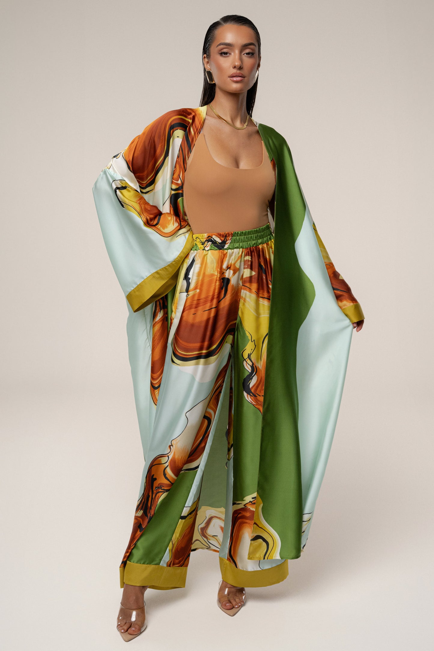PRE-ORDER Green Tropical Print Jet Set Wide Leg Pants NEWFASHIONEDGE