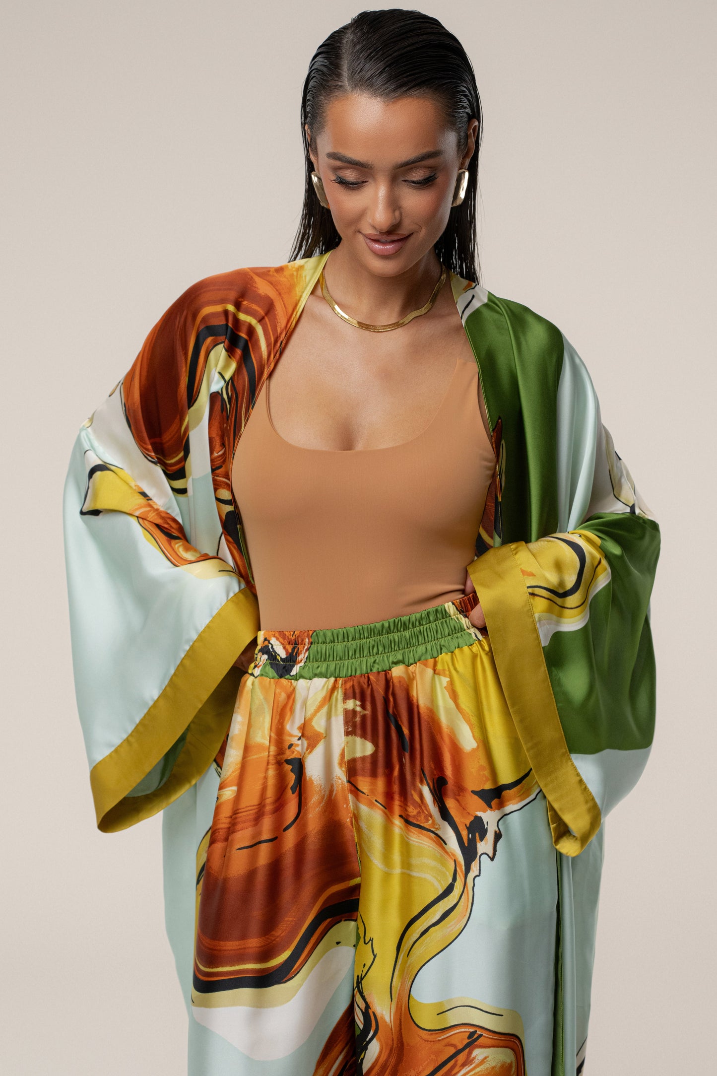 PRE-ORDER Green Tropical Print Jet Set Wide Leg Pants