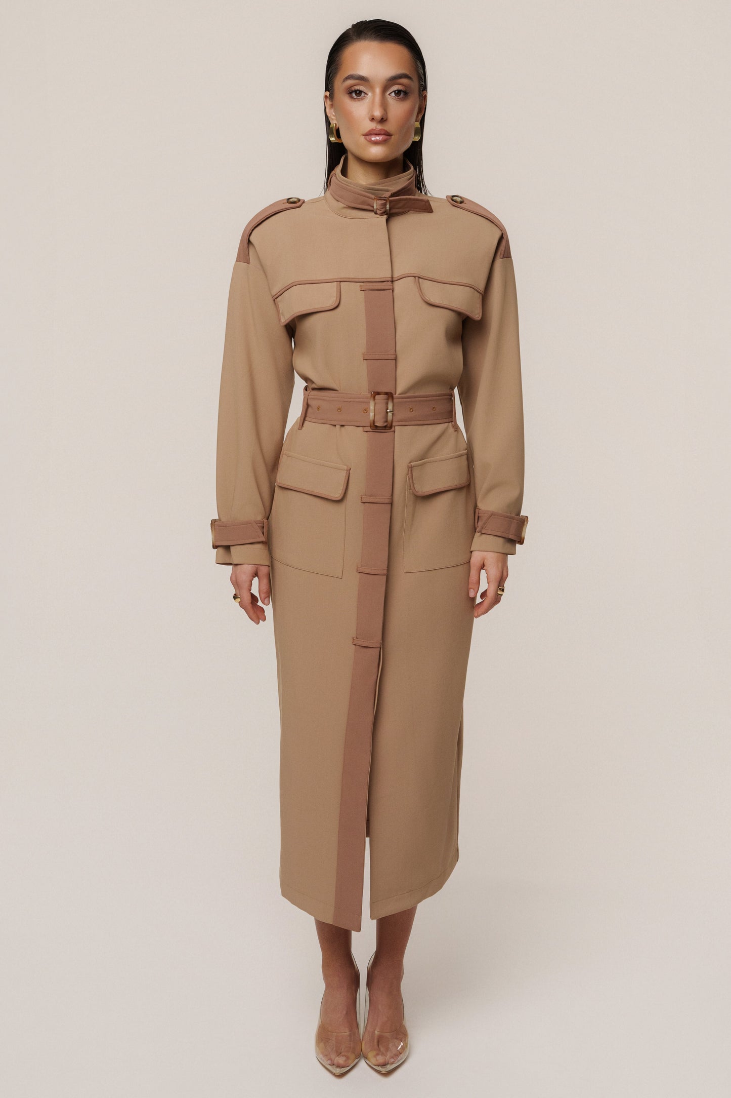 Beige Icon Belted Midi Dress JLUXLABEL