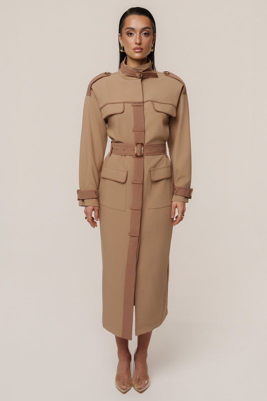 Beige Icon Belted Midi Dress JLUXLABEL