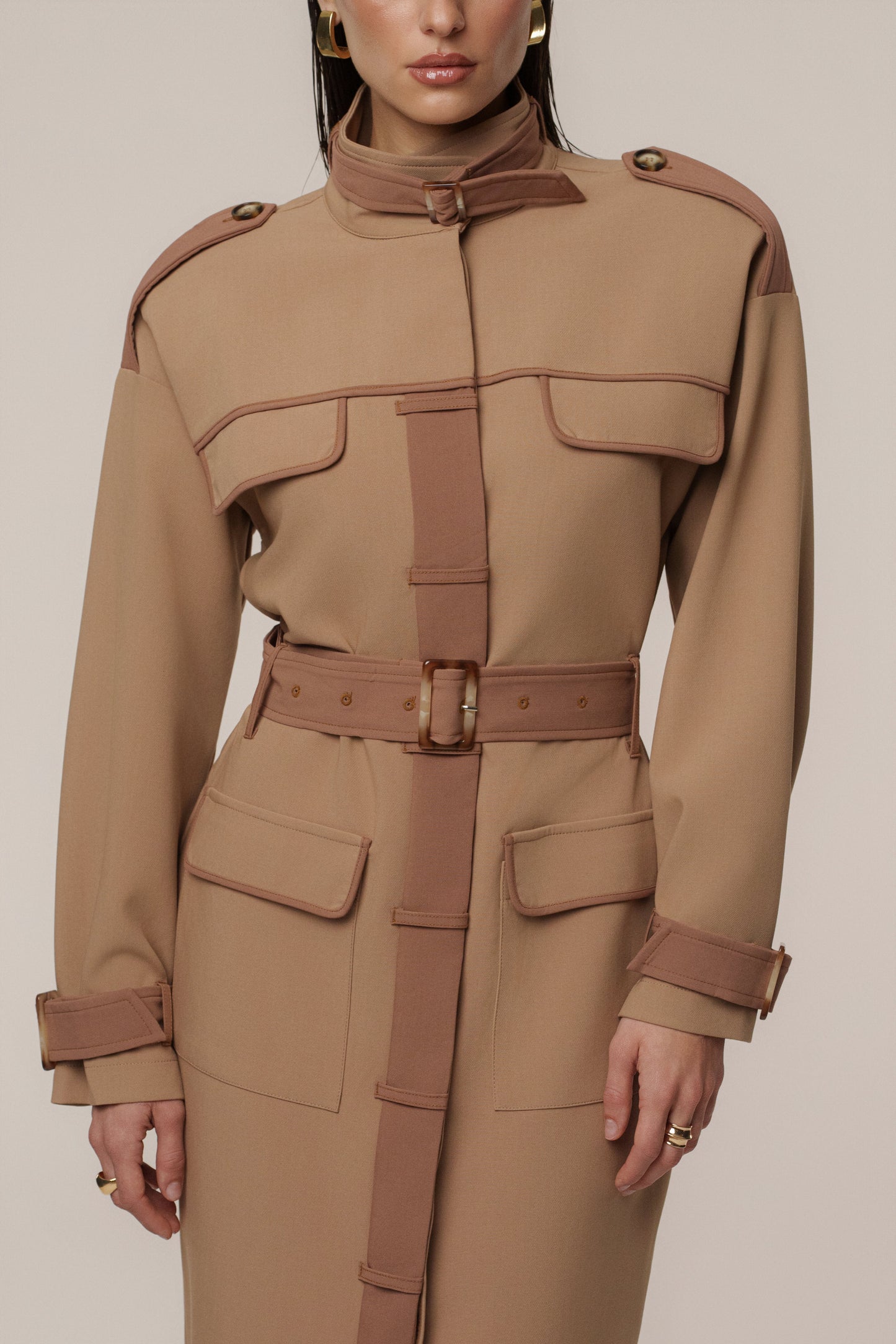 Beige Icon Belted Midi Dress JLUXLABEL