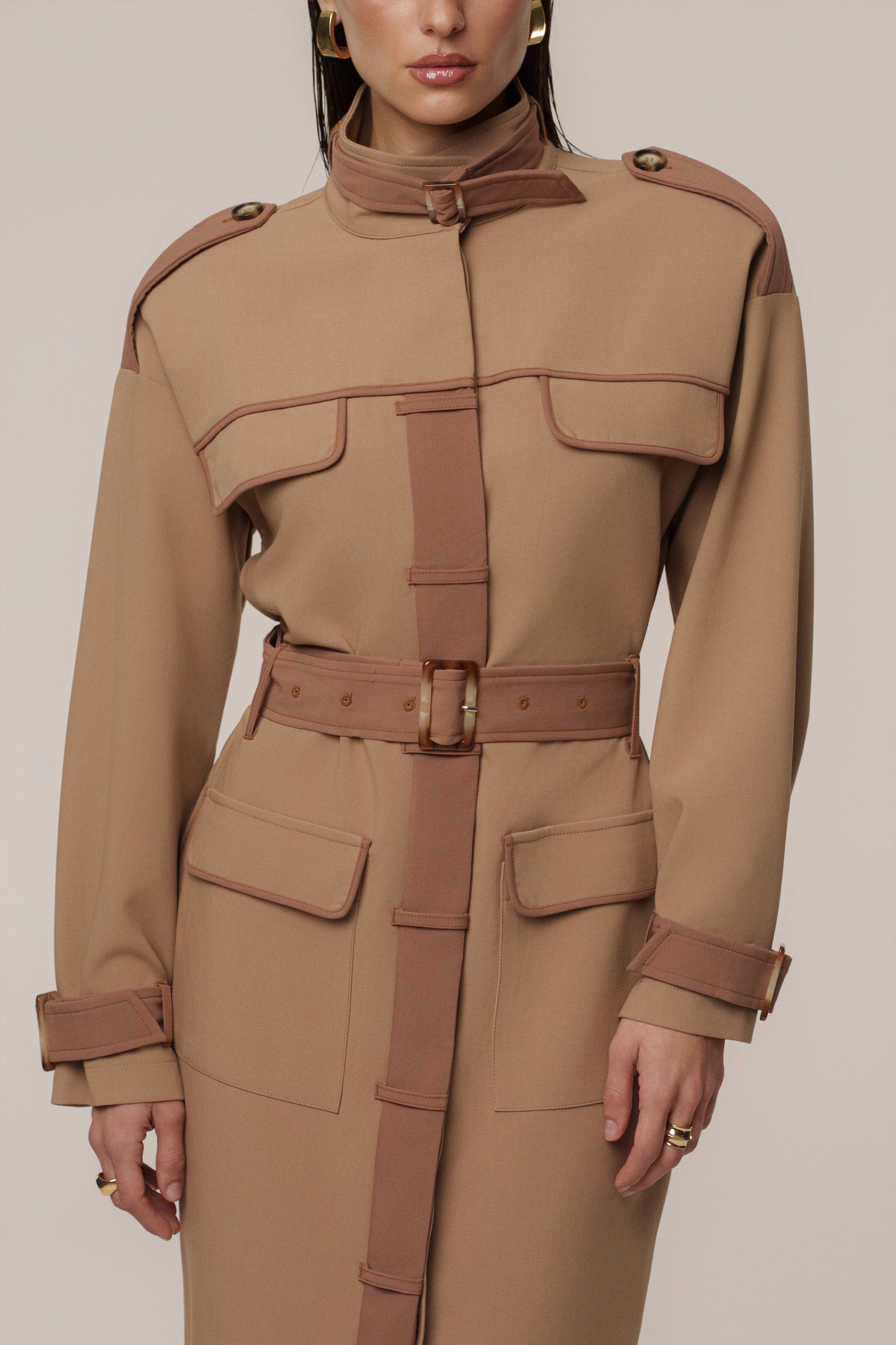 Beige Icon Belted Midi Dress JLUXLABEL