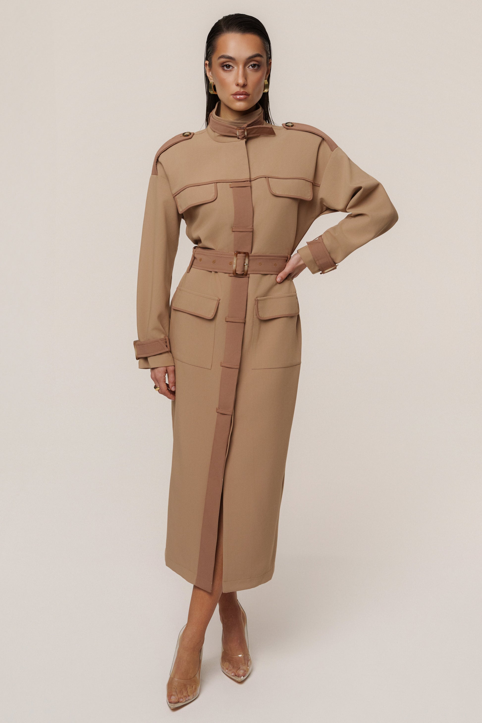 Beige Icon Belted Midi Dress JLUXLABEL