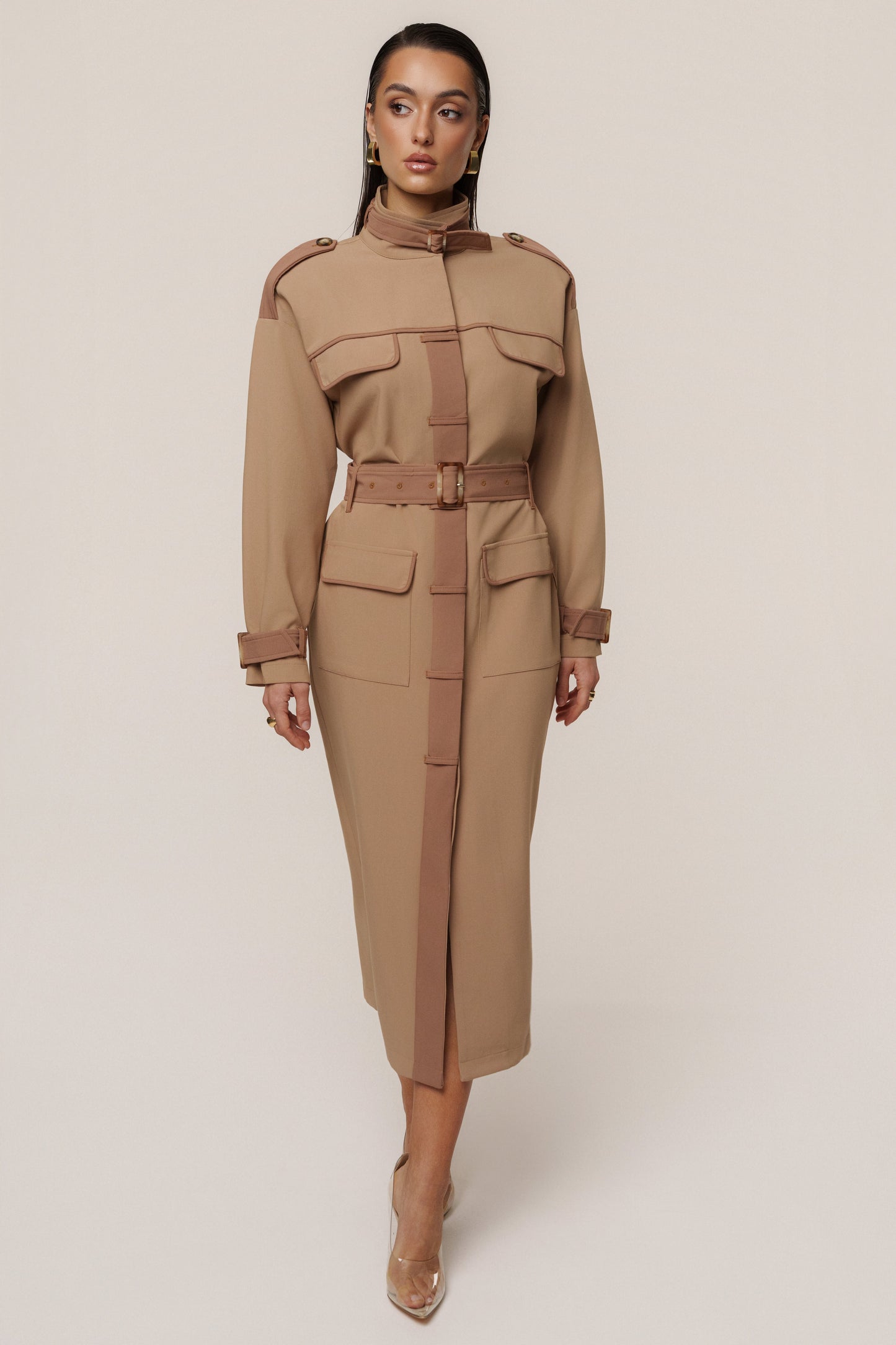 Beige Icon Belted Midi Dress JLUXLABEL