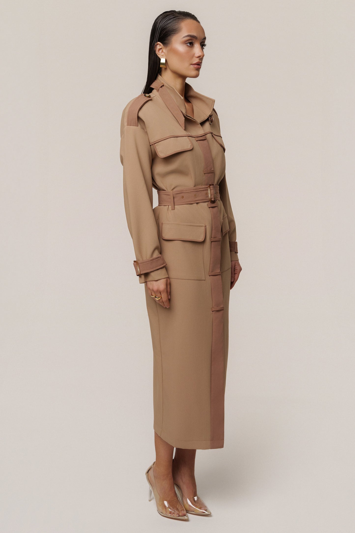 Beige Icon Belted Midi Dress JLUXLABEL