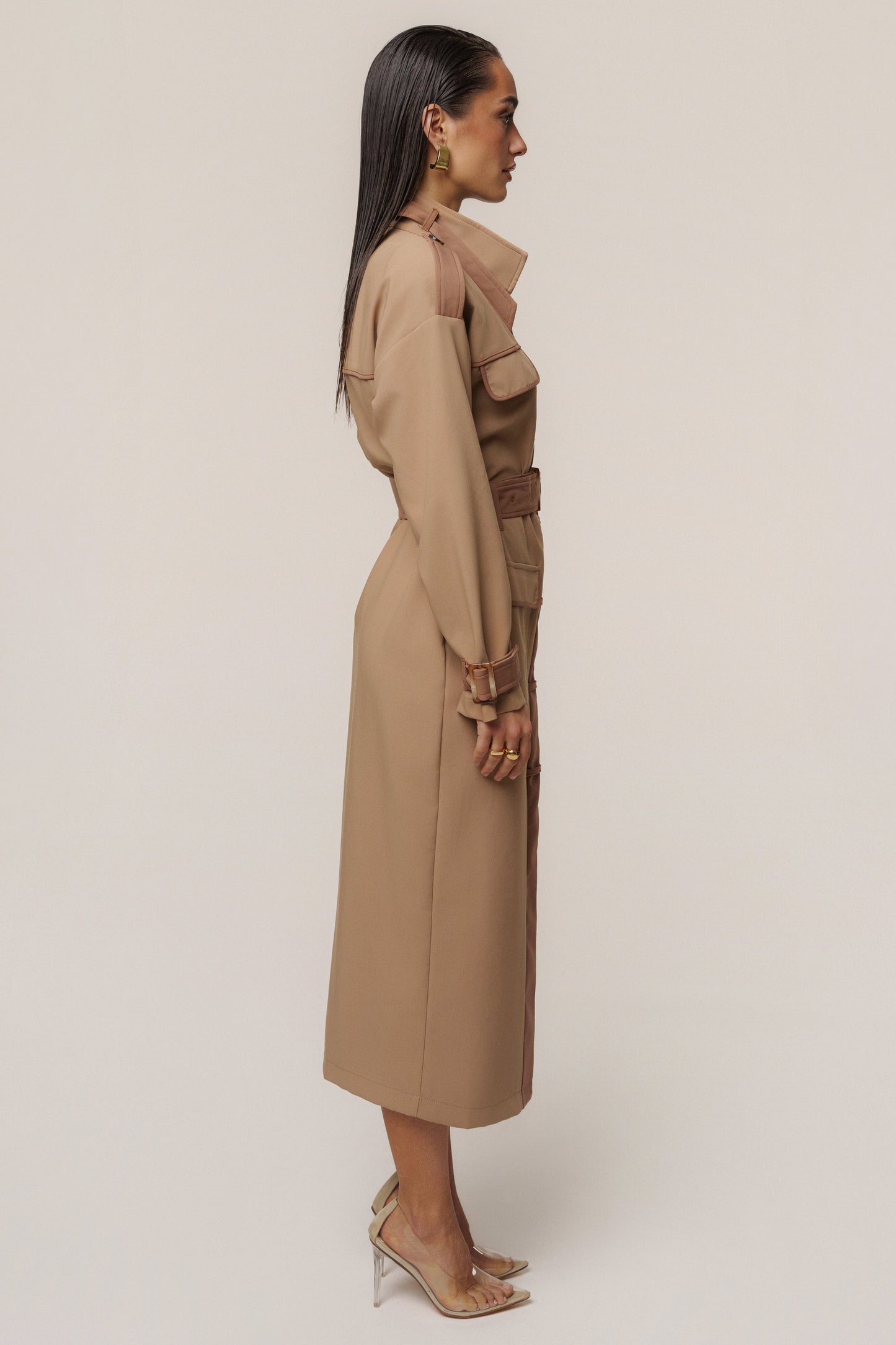 Beige Icon Belted Midi Dress JLUXLABEL