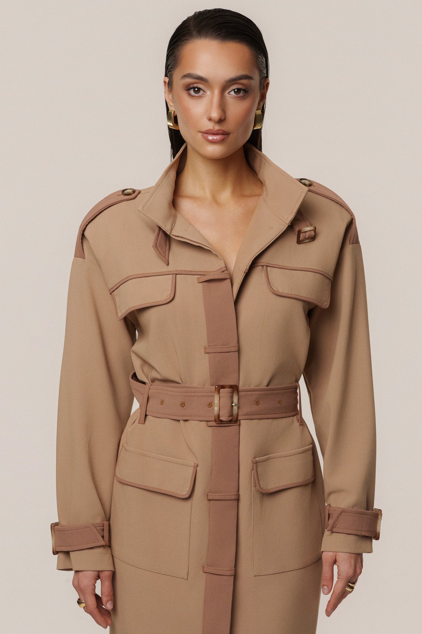 Beige Icon Belted Midi Dress JLUXLABEL