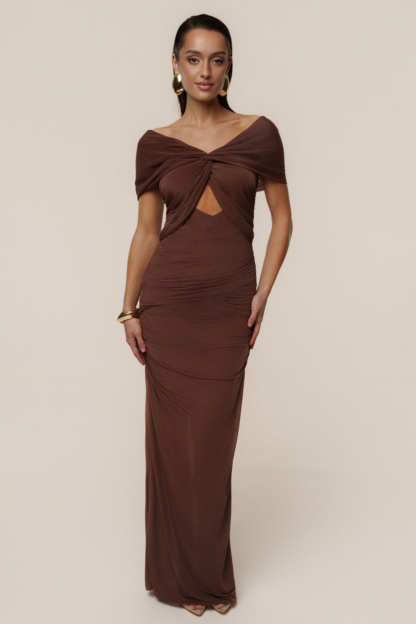 Chocolate Alessandra Off Shoulder Maxi Dress JLUXLABEL