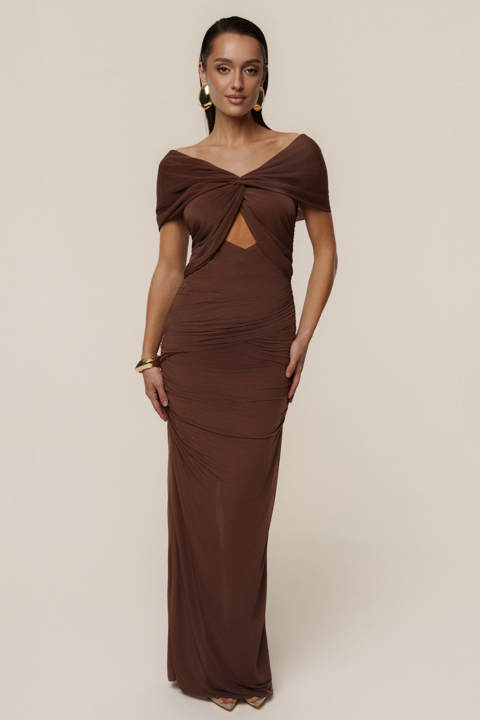 Chocolate Alessandra Off Shoulder Maxi Dress JLUXLABEL