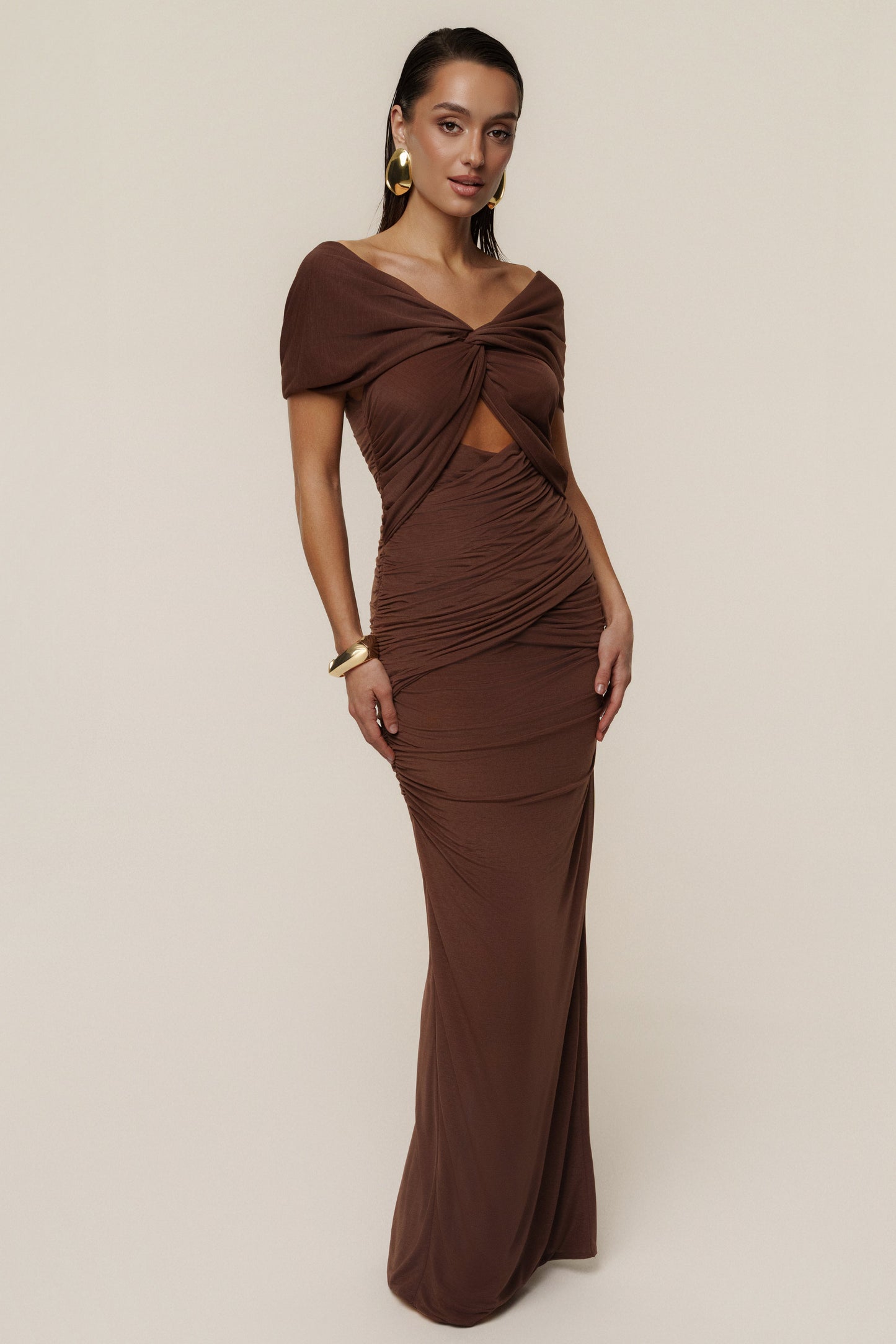 Chocolate Alessandra Off Shoulder Maxi Dress JLUXLABEL