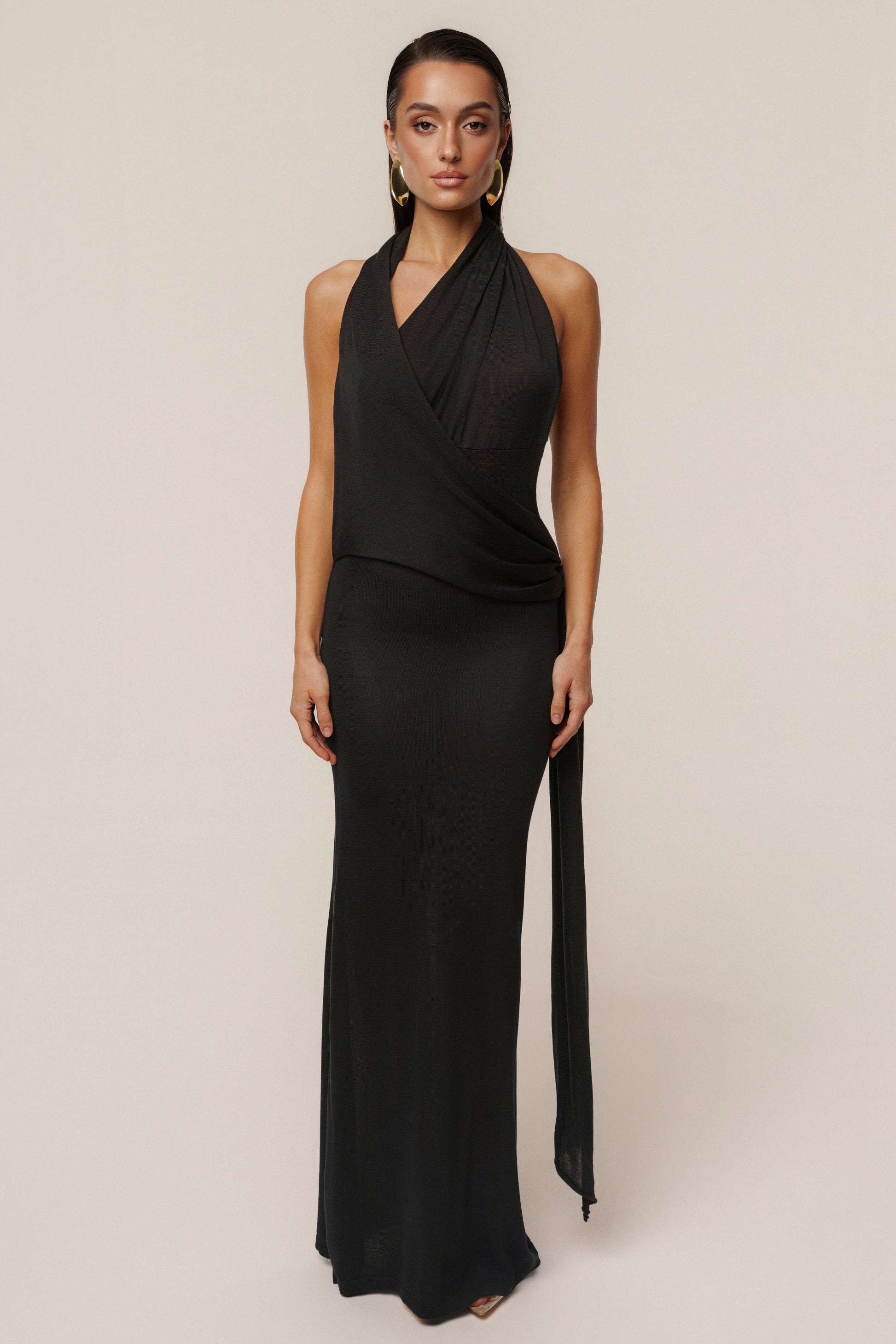 Black Miranda Draped Maxi Dress JLUXLABEL