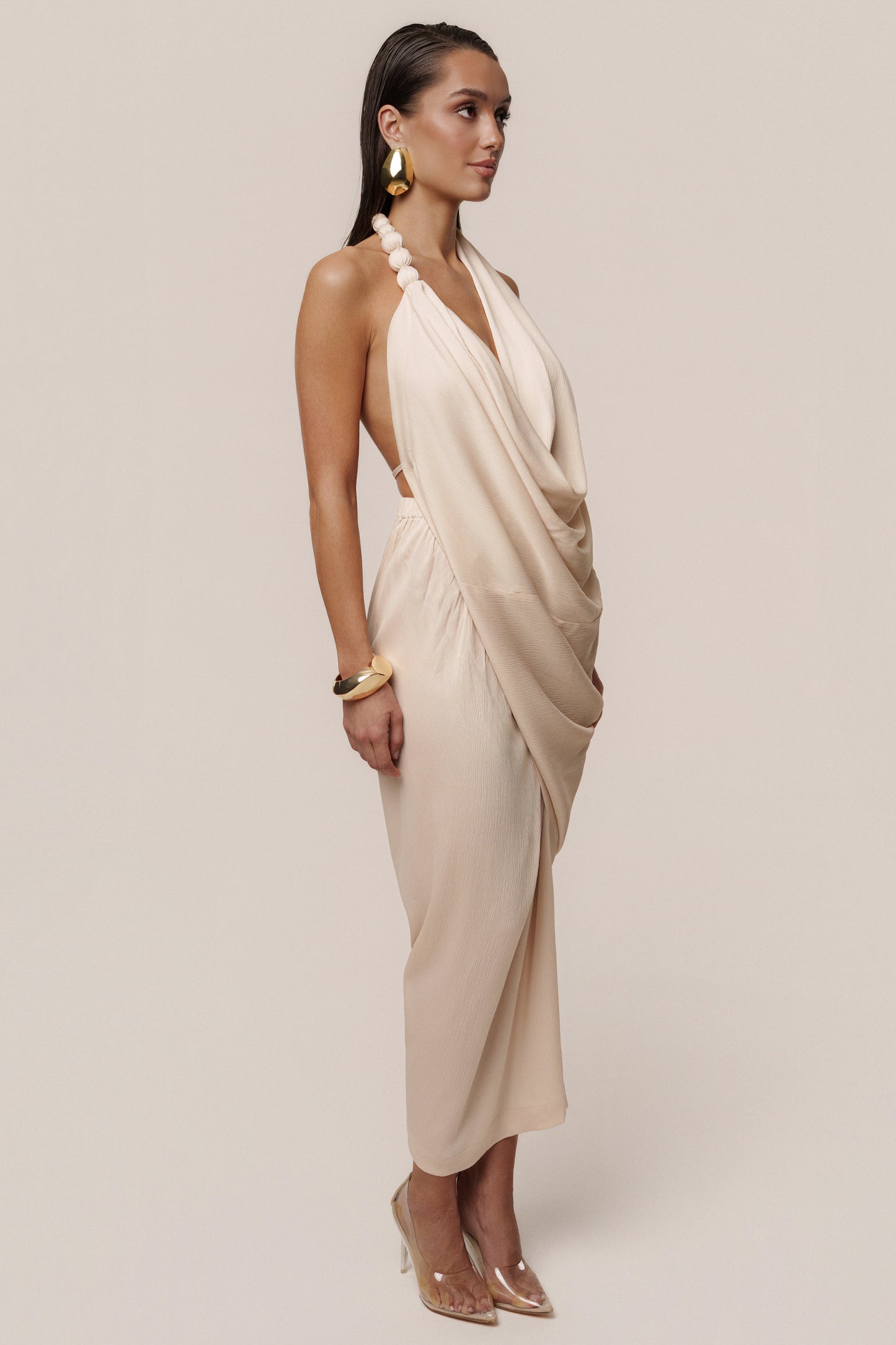 Champagne Dolce Drape Dress JLUXLABEL