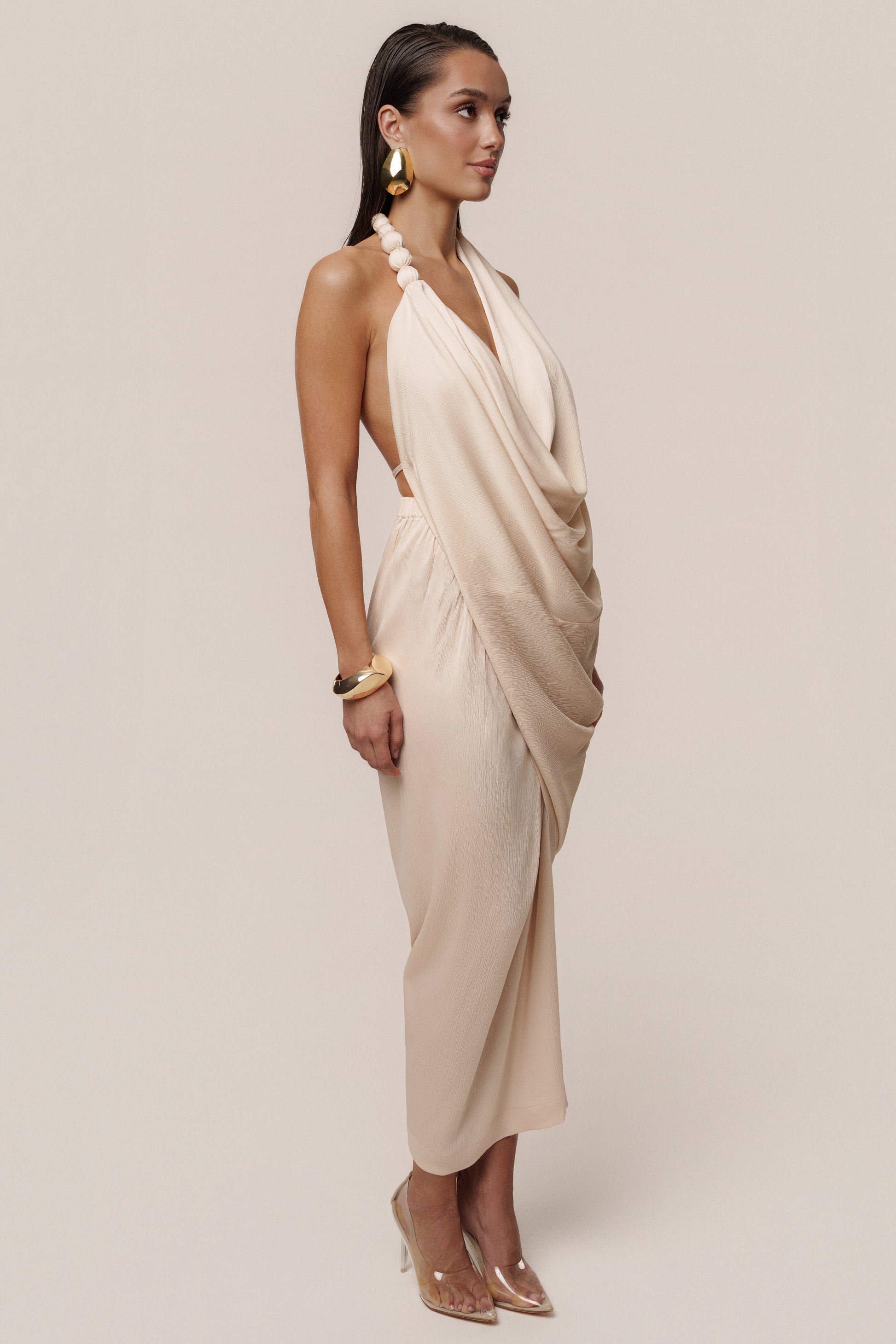 Champagne Dolce Drape Dress JLUXLABEL
