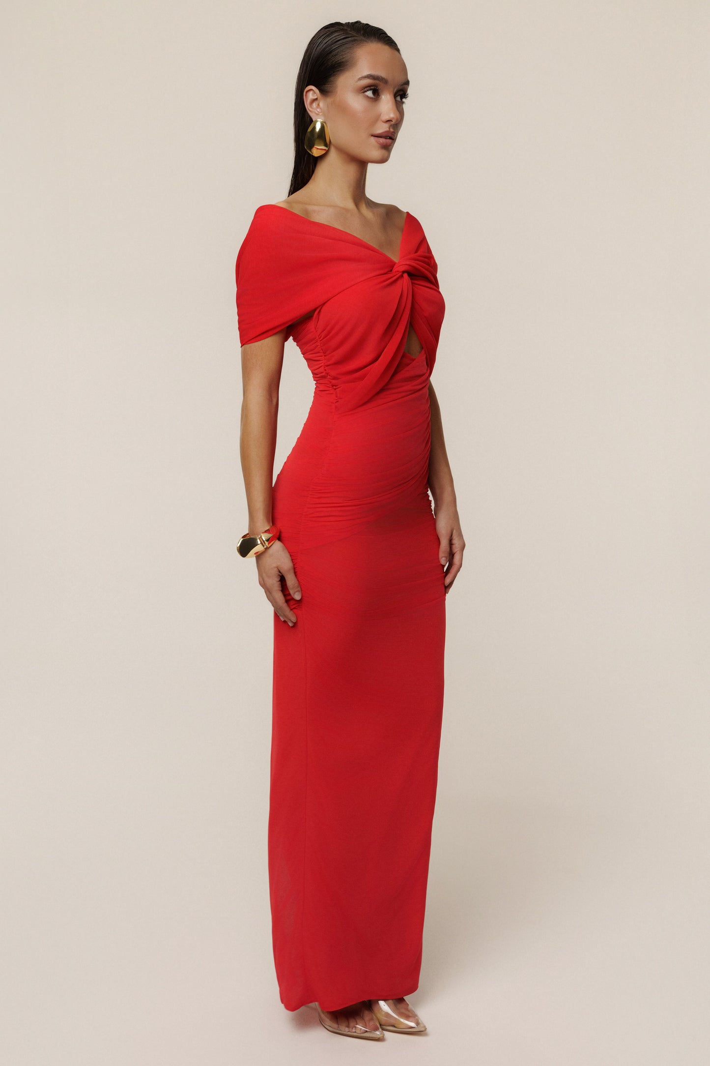 Red Alessandra Off Shoulder Maxi Dress JLUXLABEL