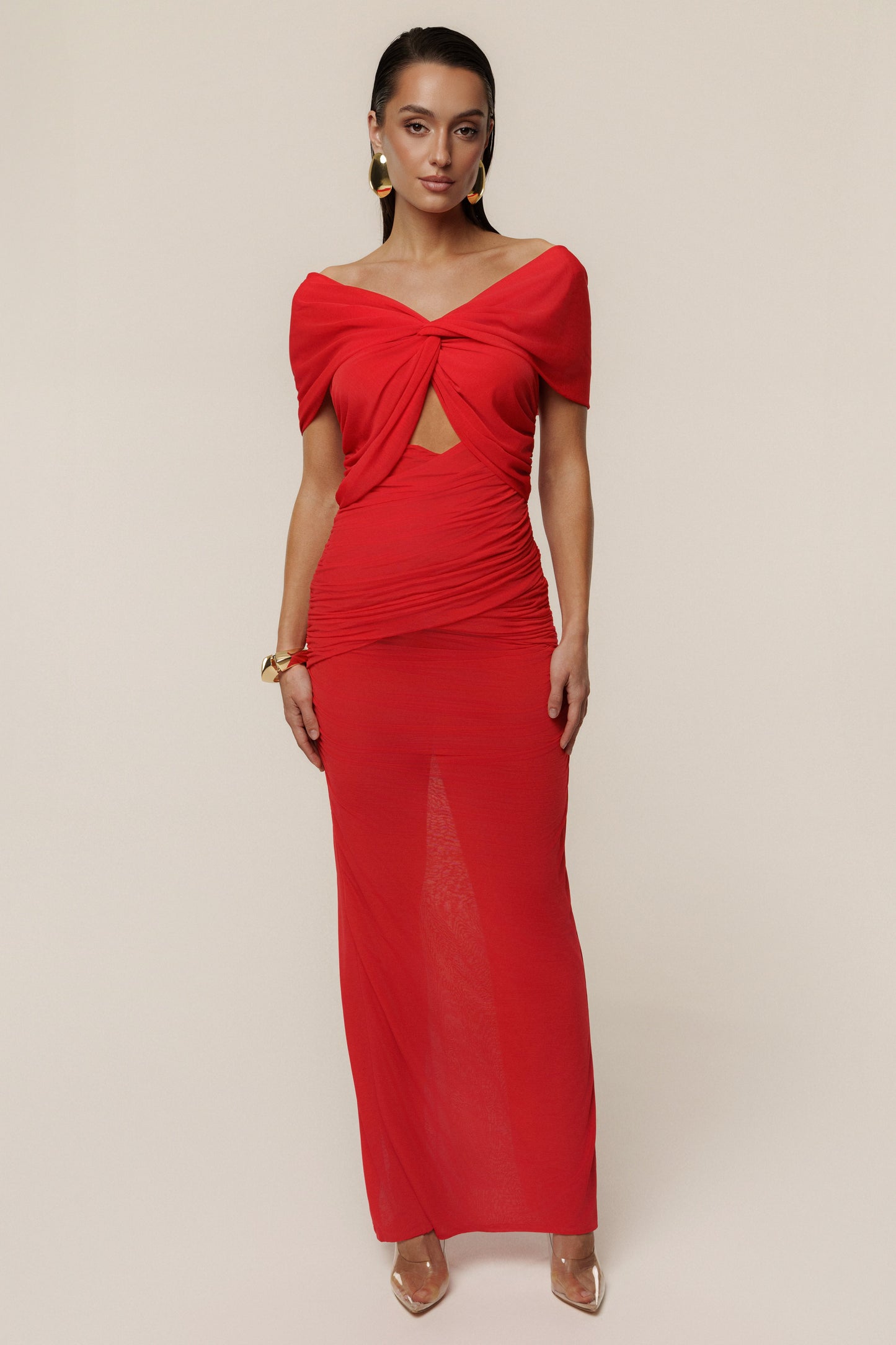Red Alessandra Off Shoulder Maxi Dress JLUXLABEL