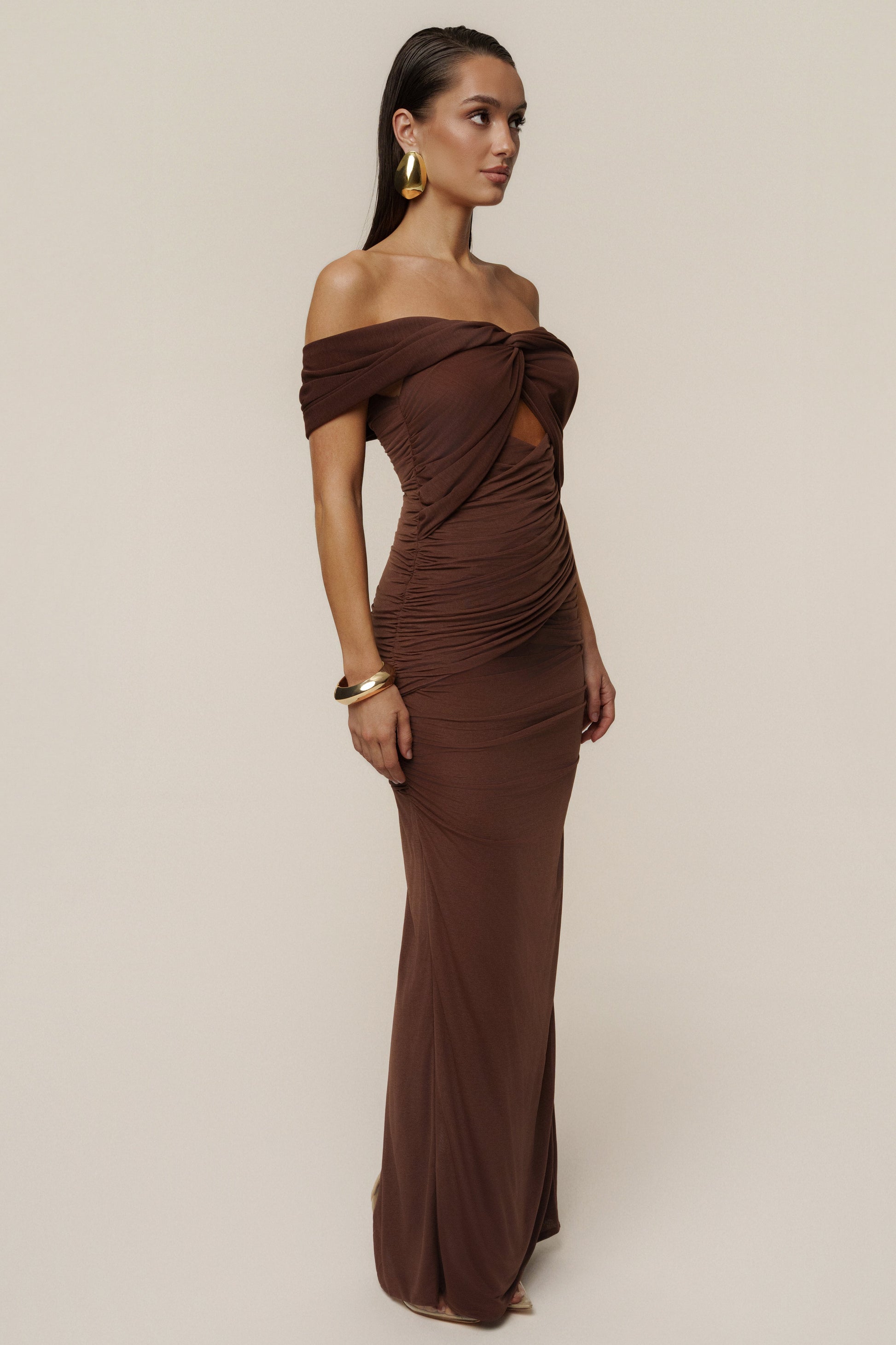 Chocolate Alessandra Off Shoulder Maxi Dress JLUXLABEL
