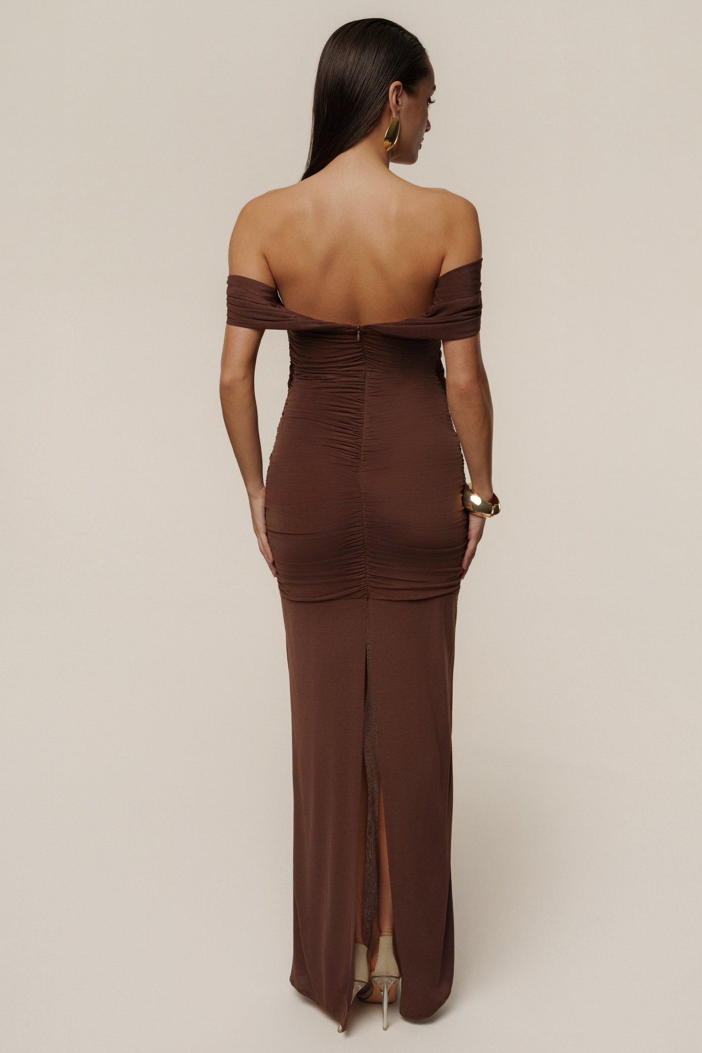 Chocolate Alessandra Off Shoulder Maxi Dress JLUXLABEL