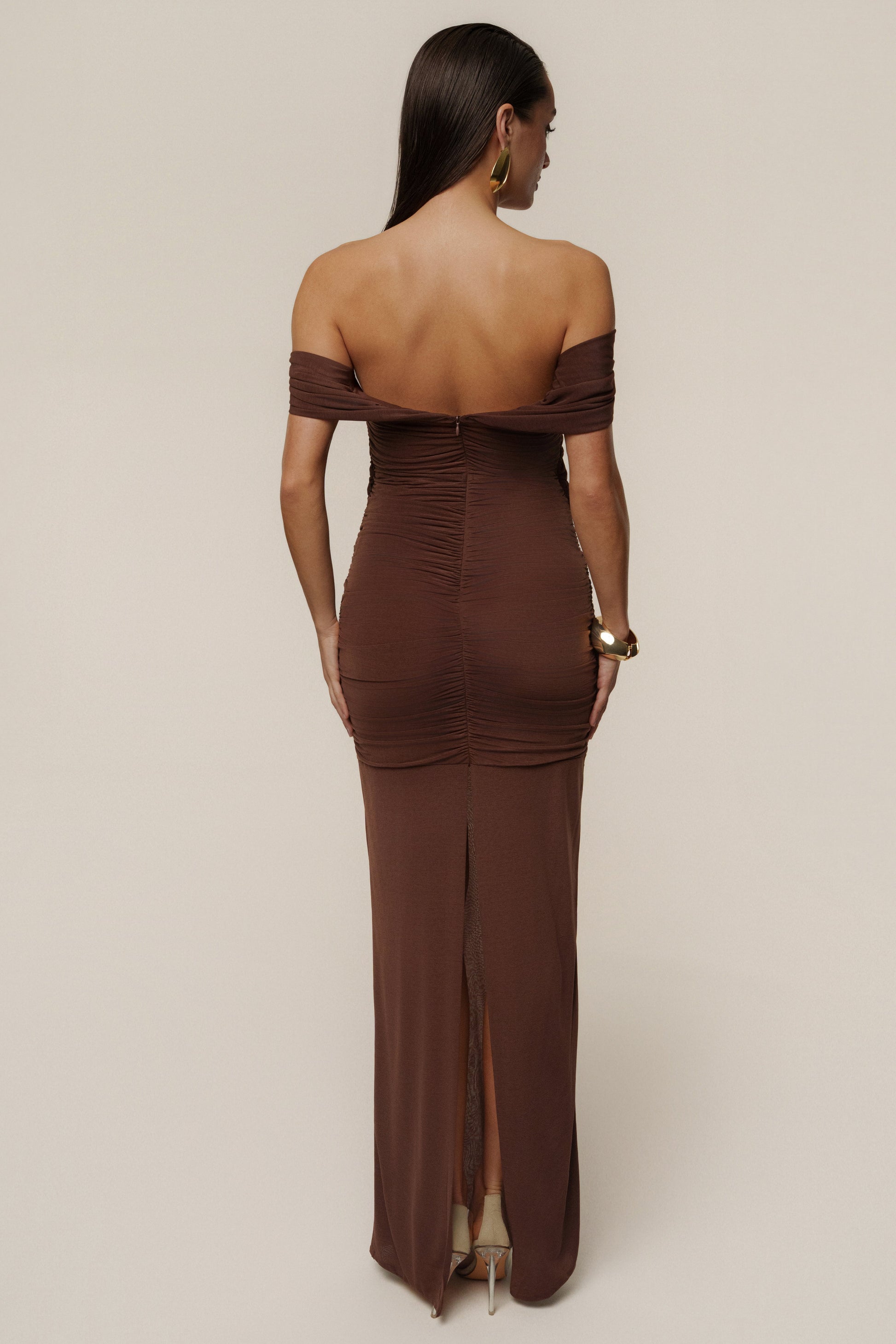 Chocolate Alessandra Off Shoulder Maxi Dress JLUXLABEL