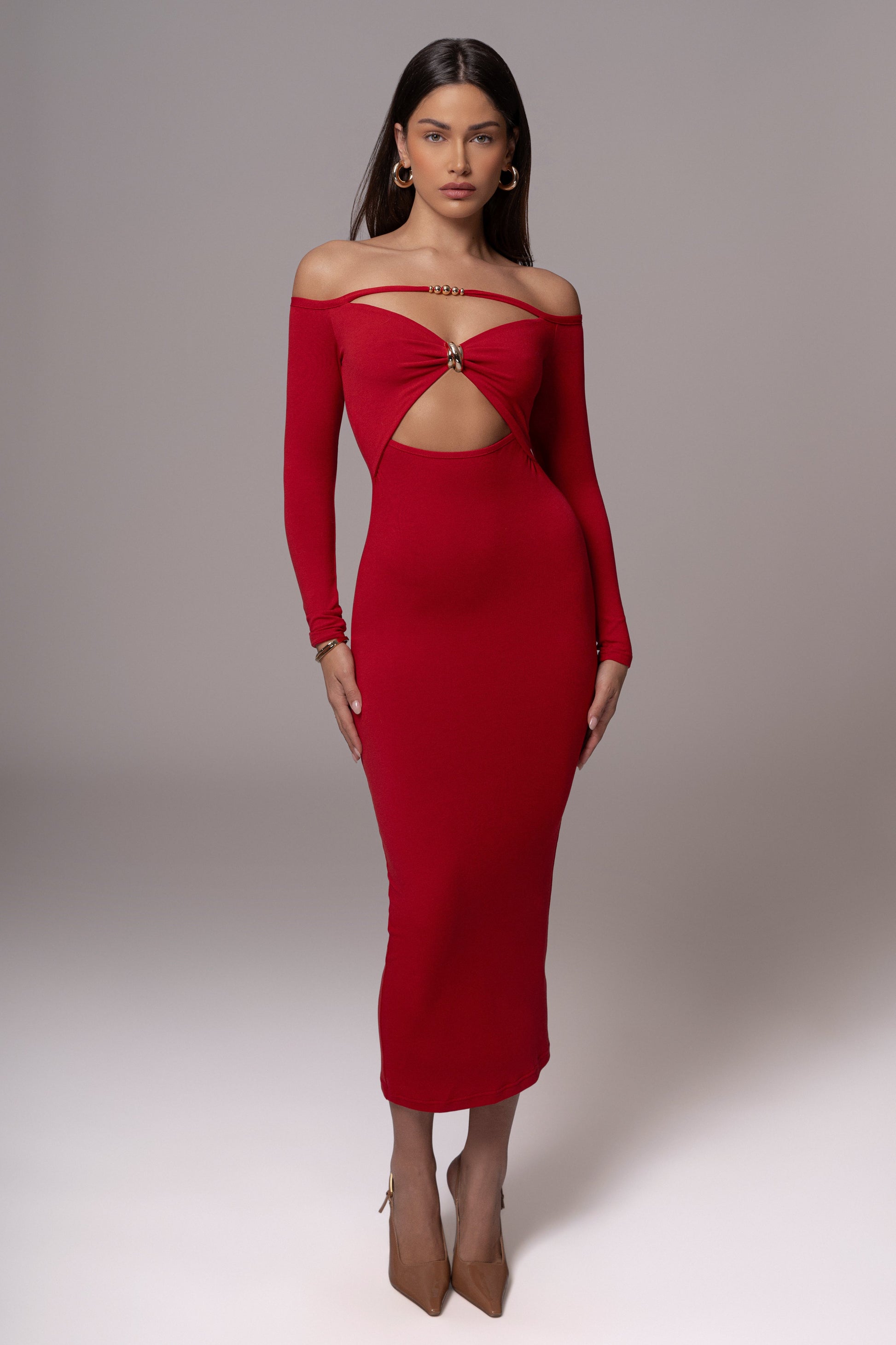 Red Off Shoulder Cutout Dress JLUXLABEL