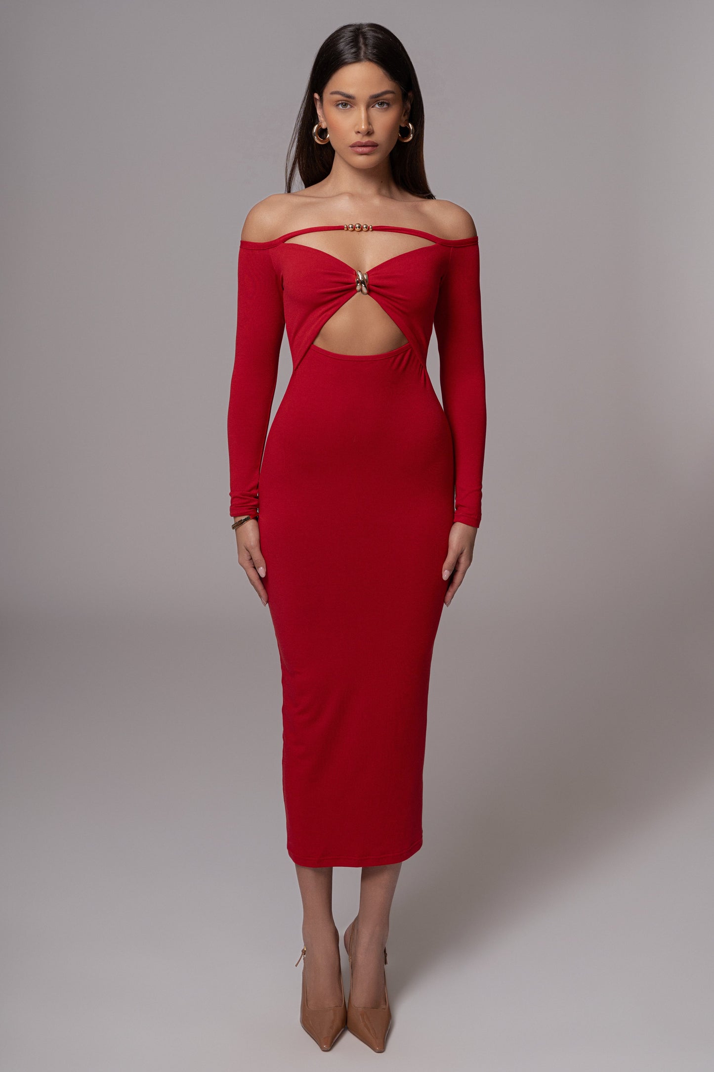 Red Off Shoulder Cutout Dress JLUXLABEL