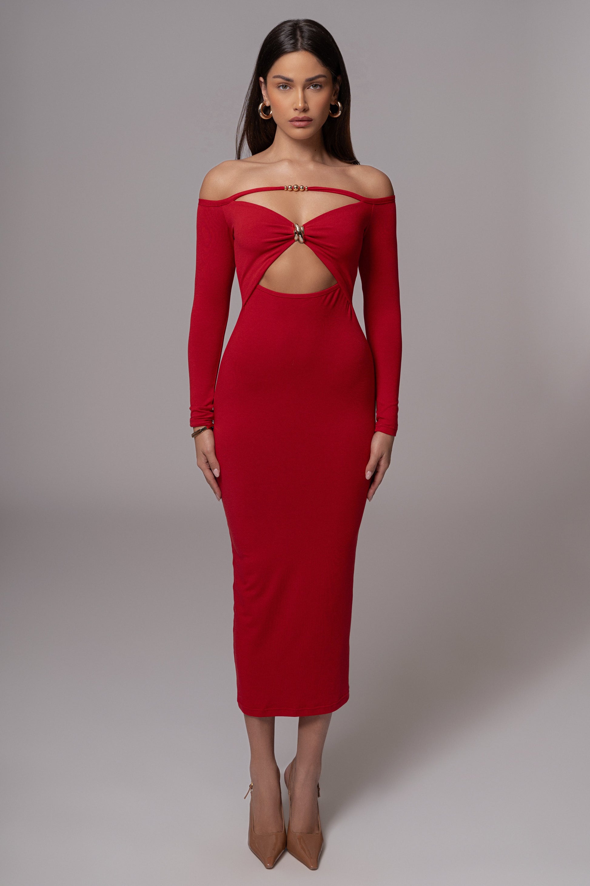Red Off Shoulder Cutout Dress JLUXLABEL