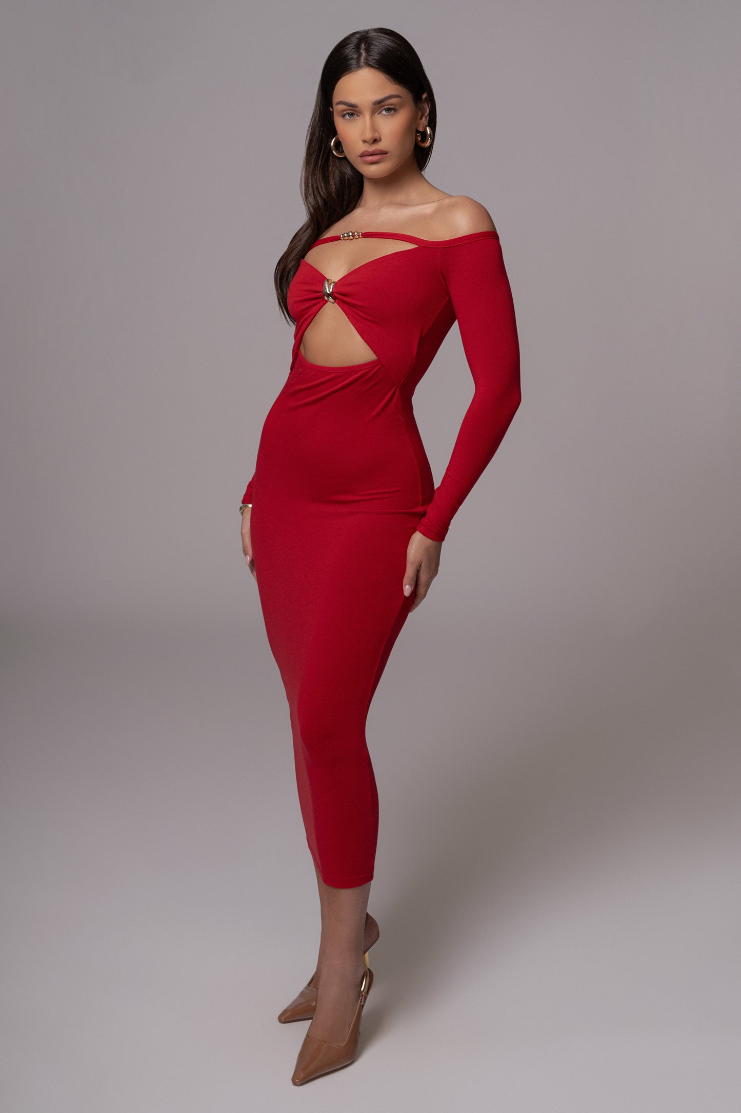 Red Off Shoulder Cutout Dress JLUXLABEL