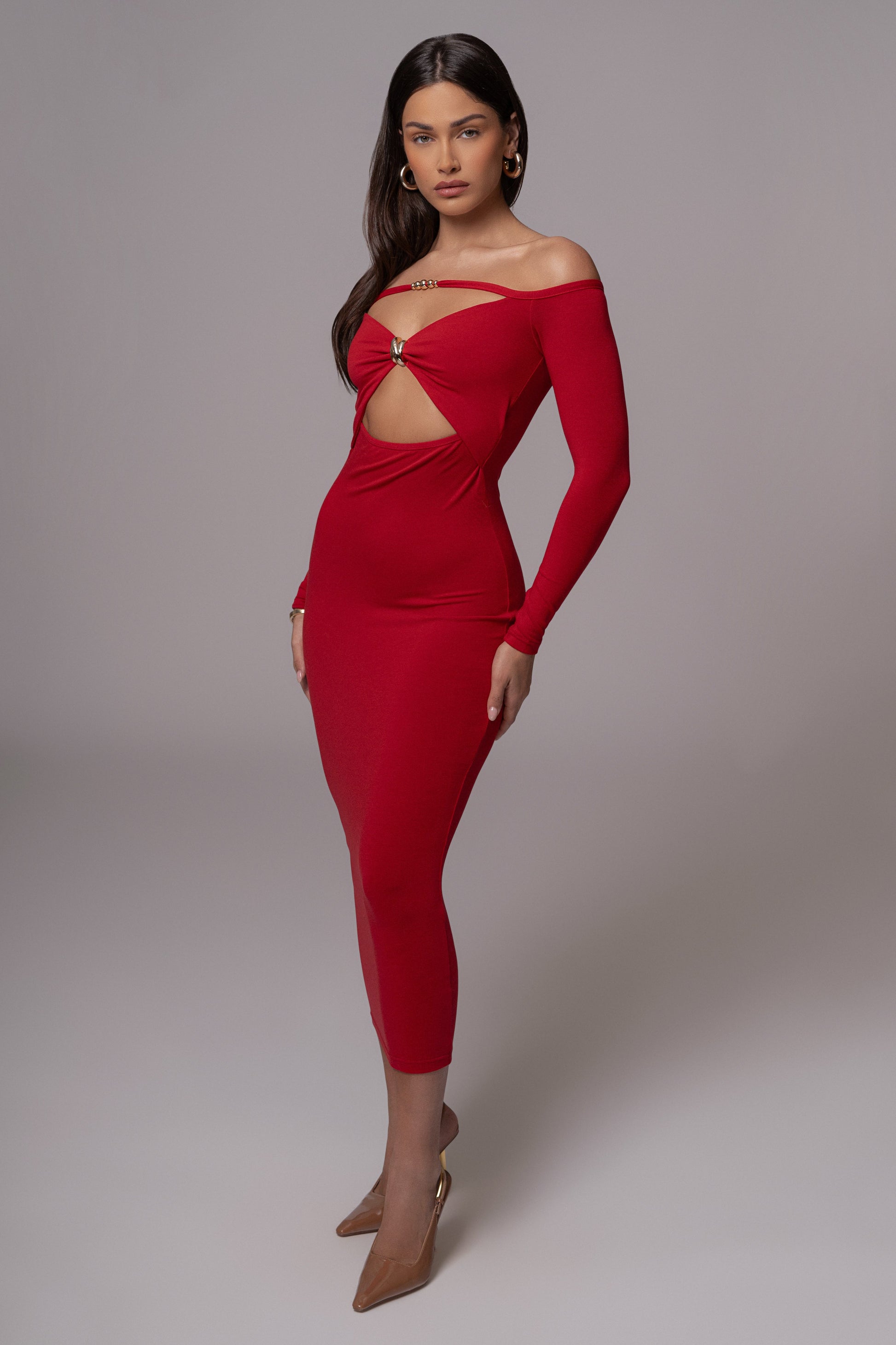 Red Off Shoulder Cutout Dress JLUXLABEL