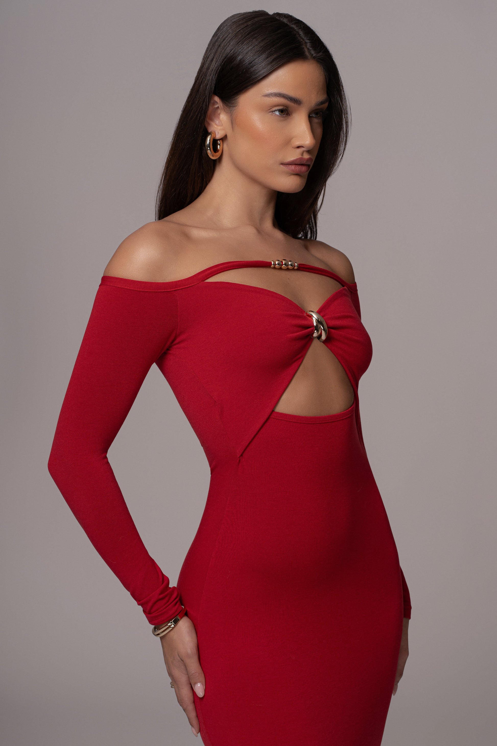 Red Off Shoulder Cutout Dress JLUXLABEL