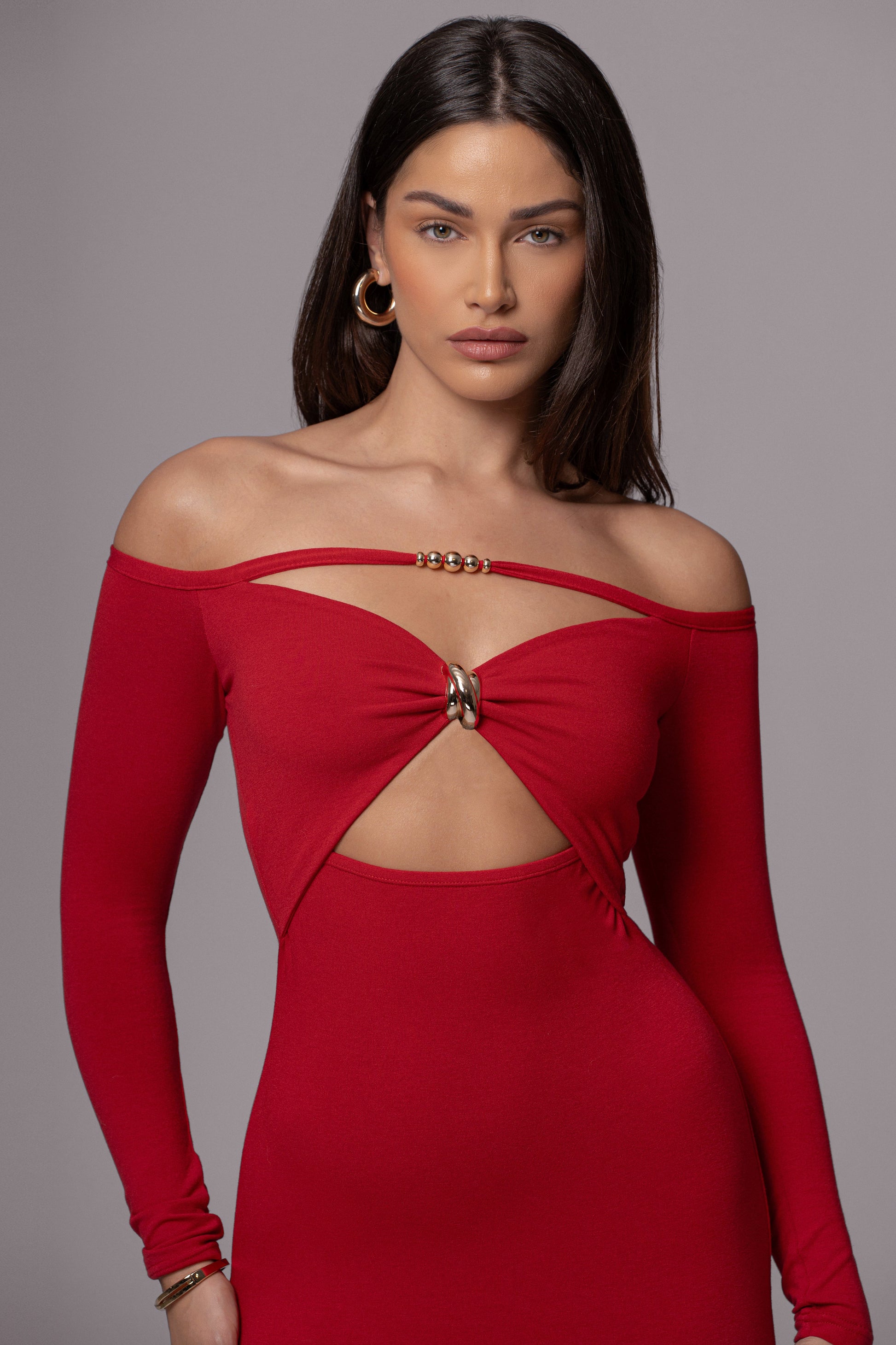 Red Off Shoulder Cutout Dress JLUXLABEL