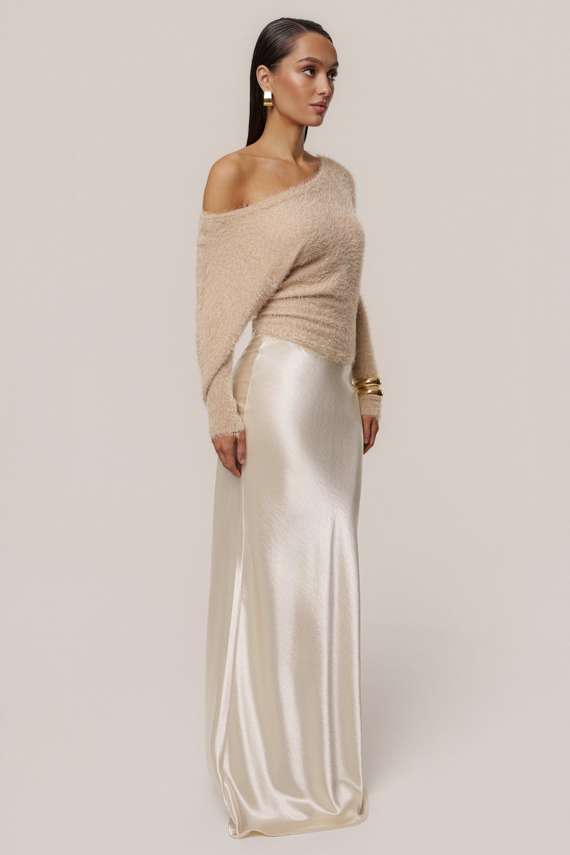 Champagne Tradition Satin Maxi Skirt JLUXLABEL