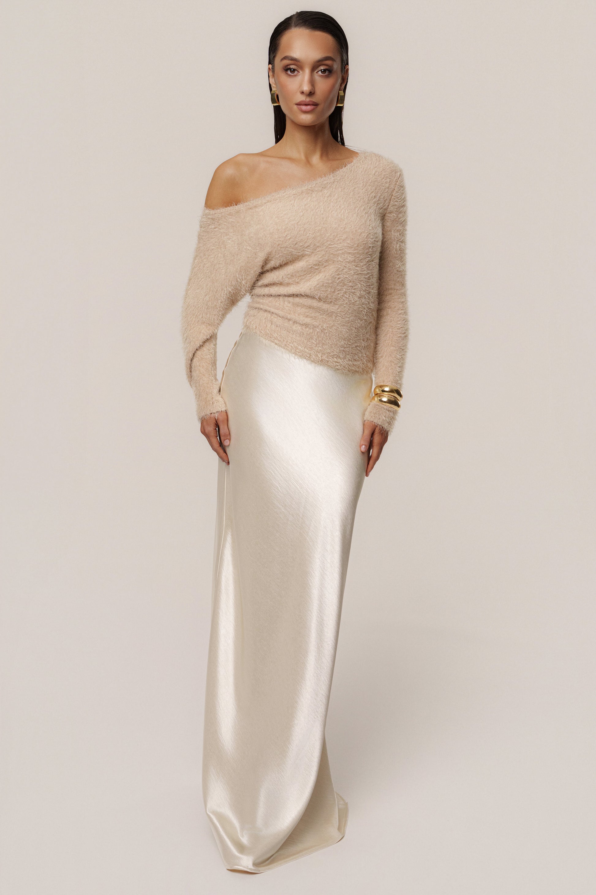 Champagne Tradition Satin Maxi Skirt JLUXLABEL