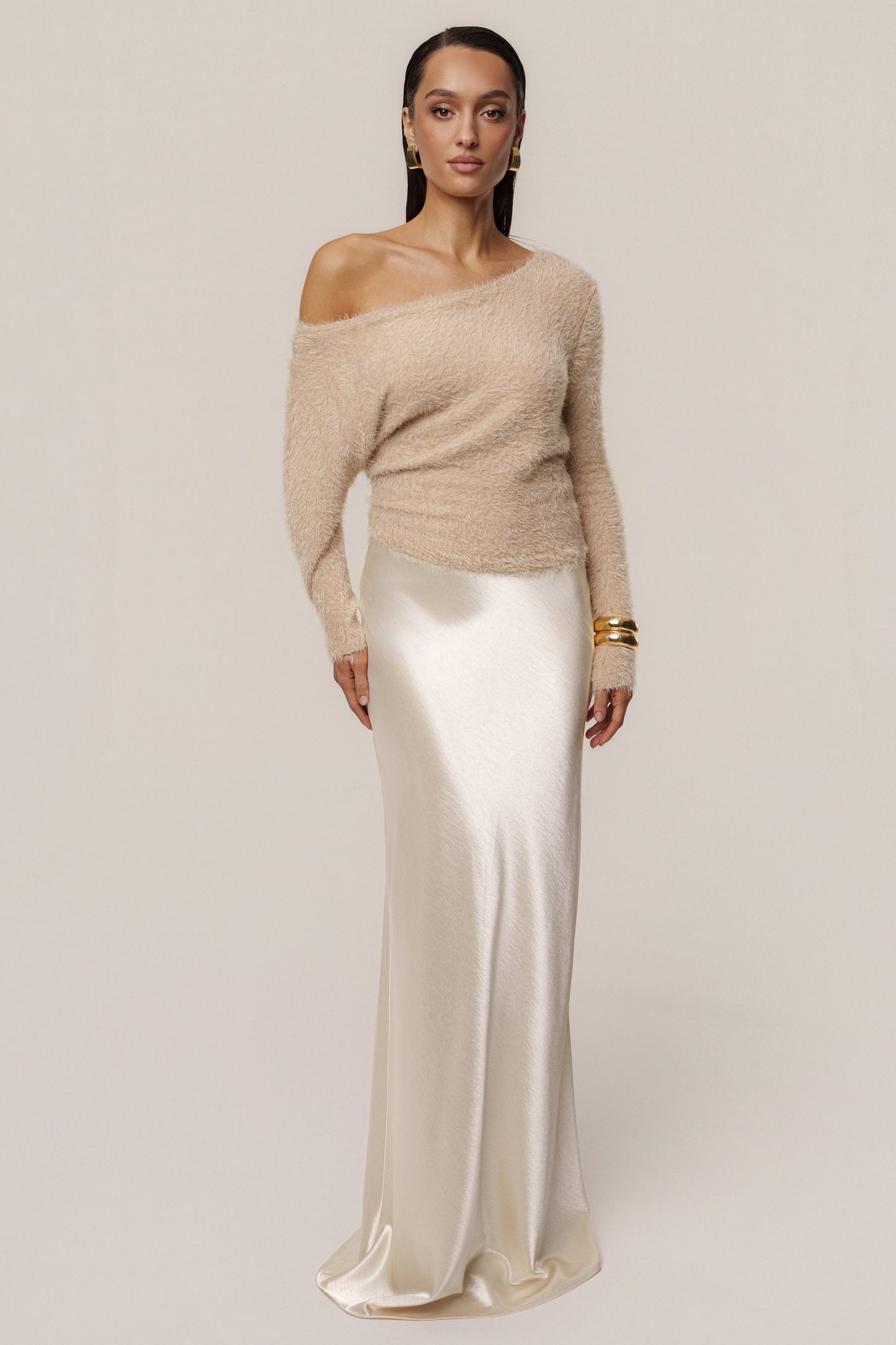 Champagne Tradition Satin Maxi Skirt JLUXLABEL
