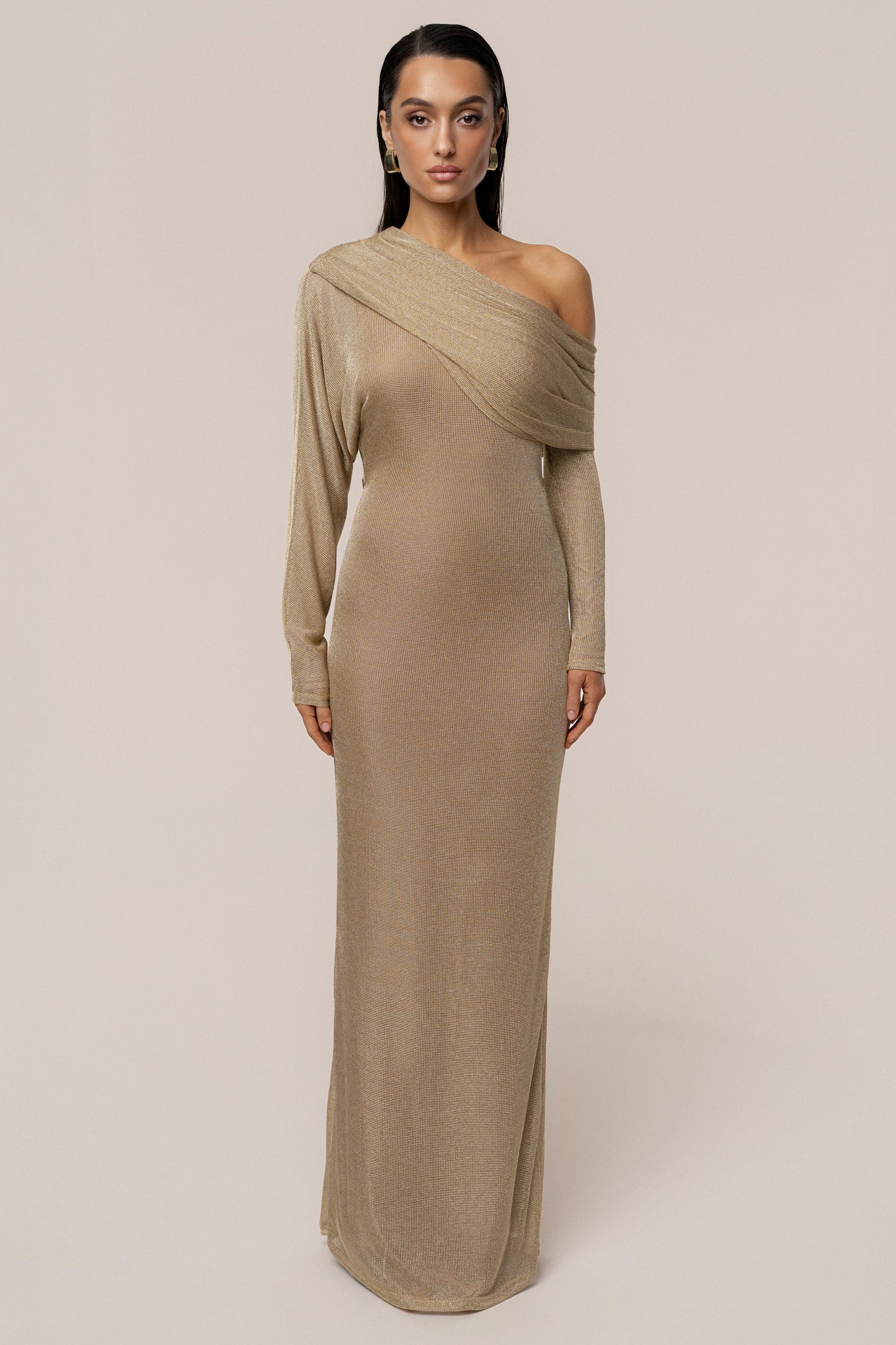 Gold Drape And Shine Maxi Dress JLUXLABEL