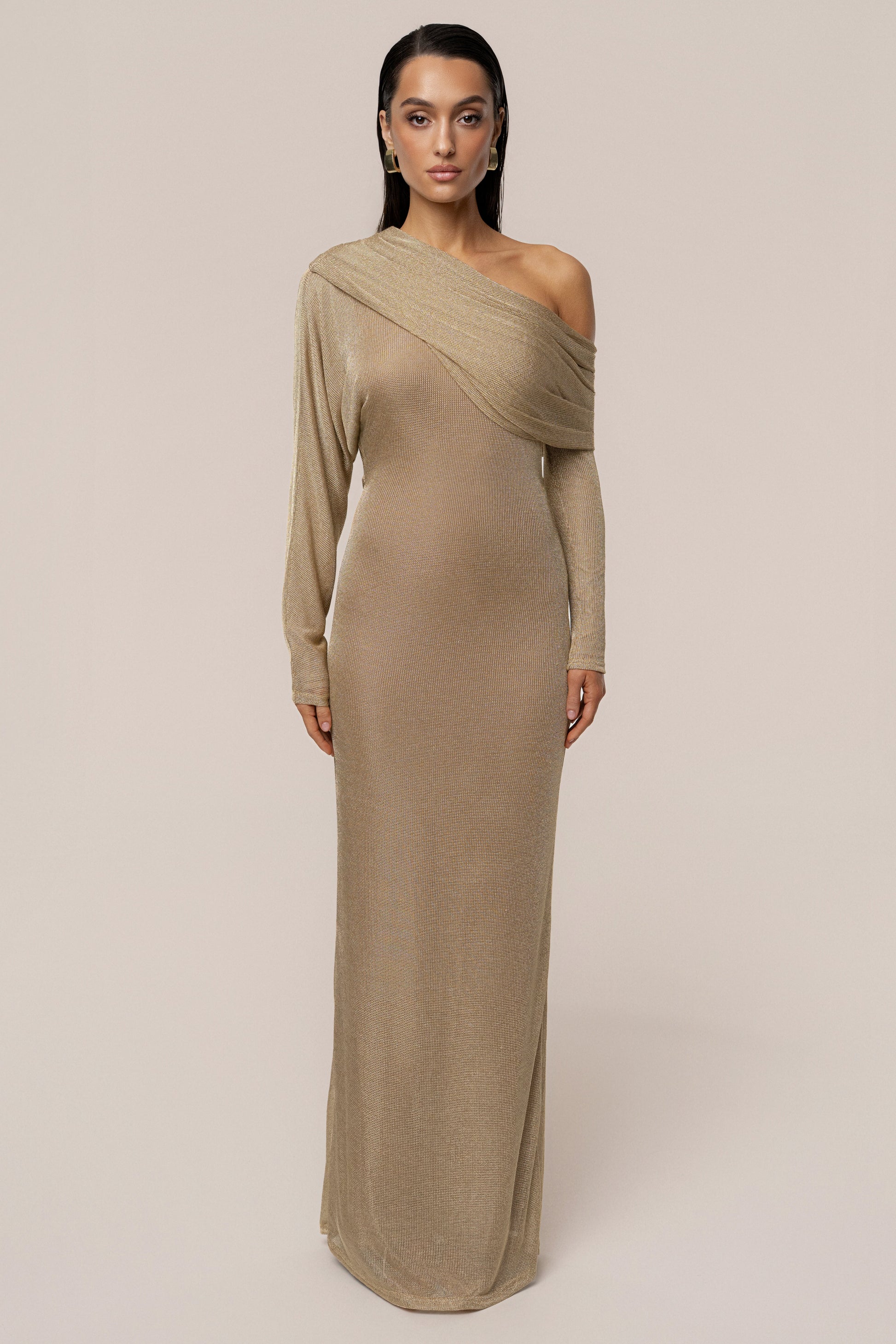 Gold Drape And Shine Maxi Dress JLUXLABEL