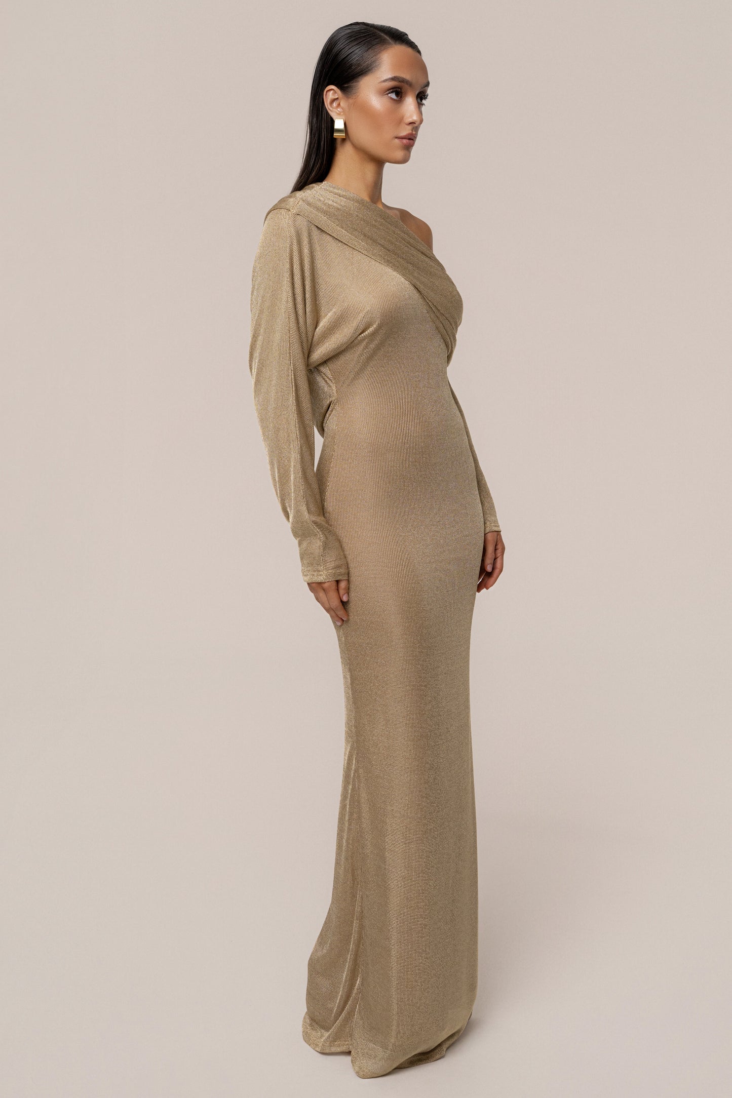 Gold Drape And Shine Maxi Dress JLUXLABEL