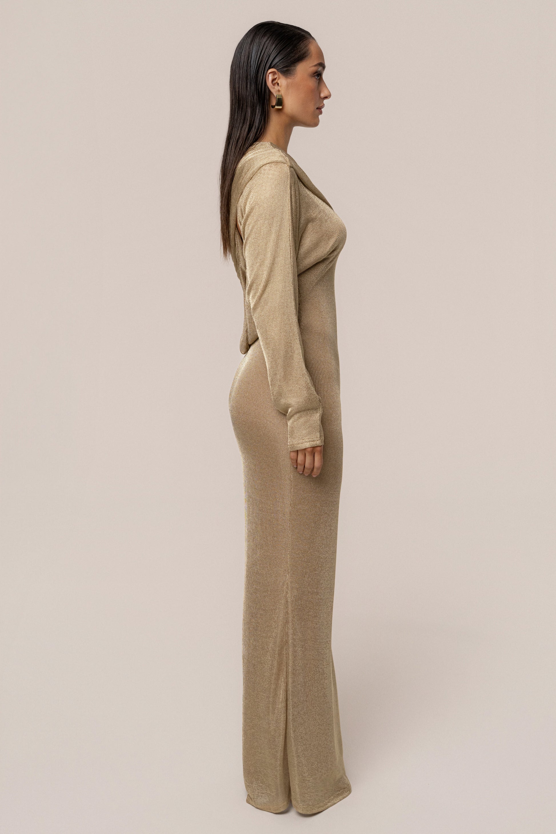 Gold Drape And Shine Maxi Dress JLUXLABEL