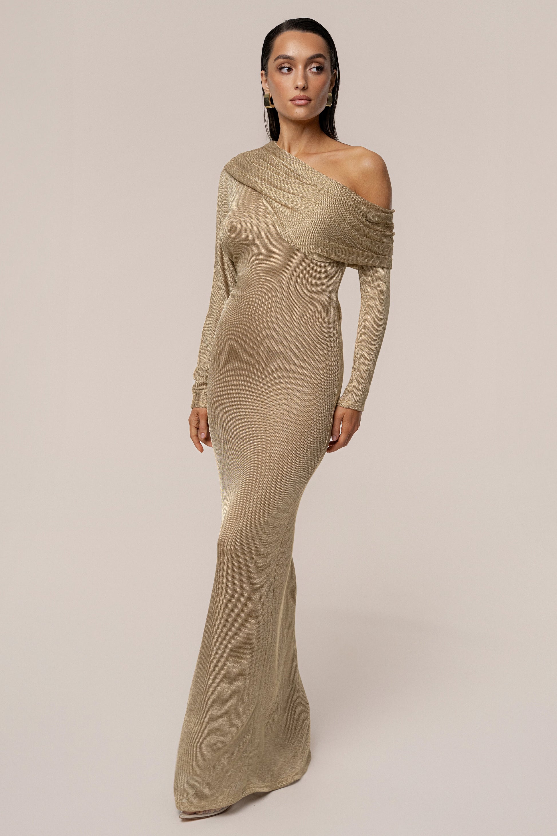 Gold Drape And Shine Maxi Dress JLUXLABEL