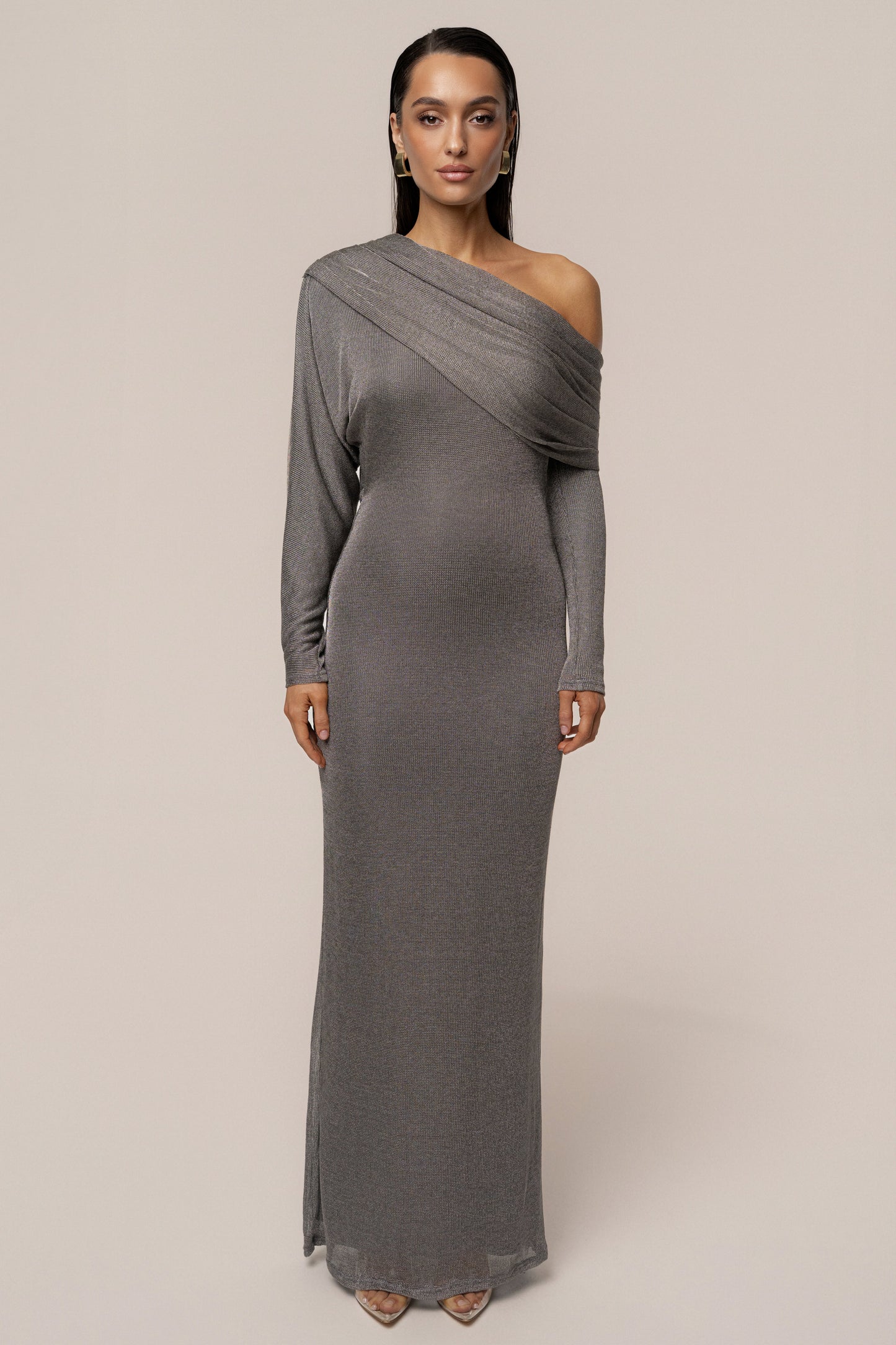 Silver Drape And Shine Maxi Dress JLUXLABEL