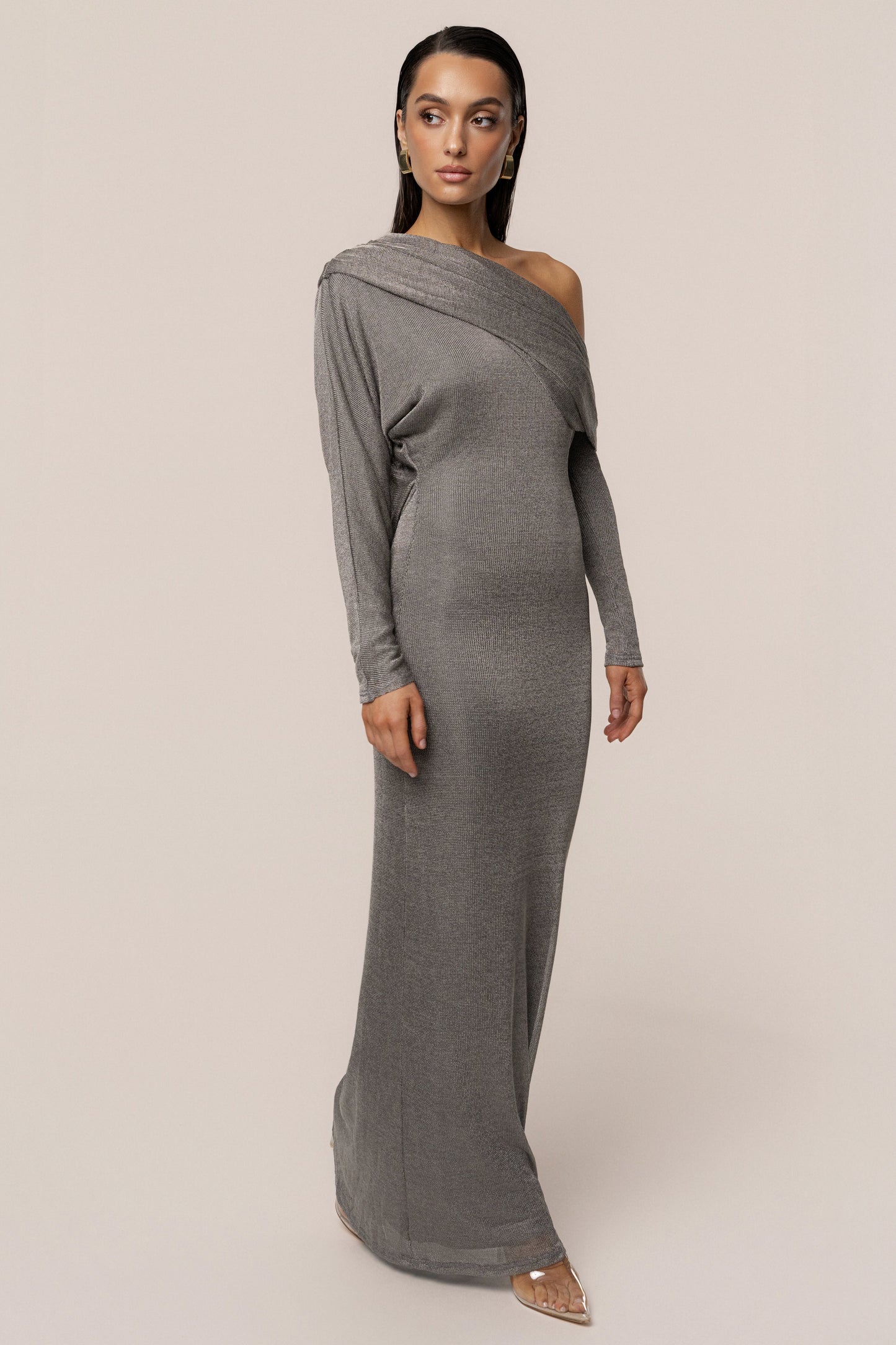 Silver Drape And Shine Maxi Dress JLUXLABEL