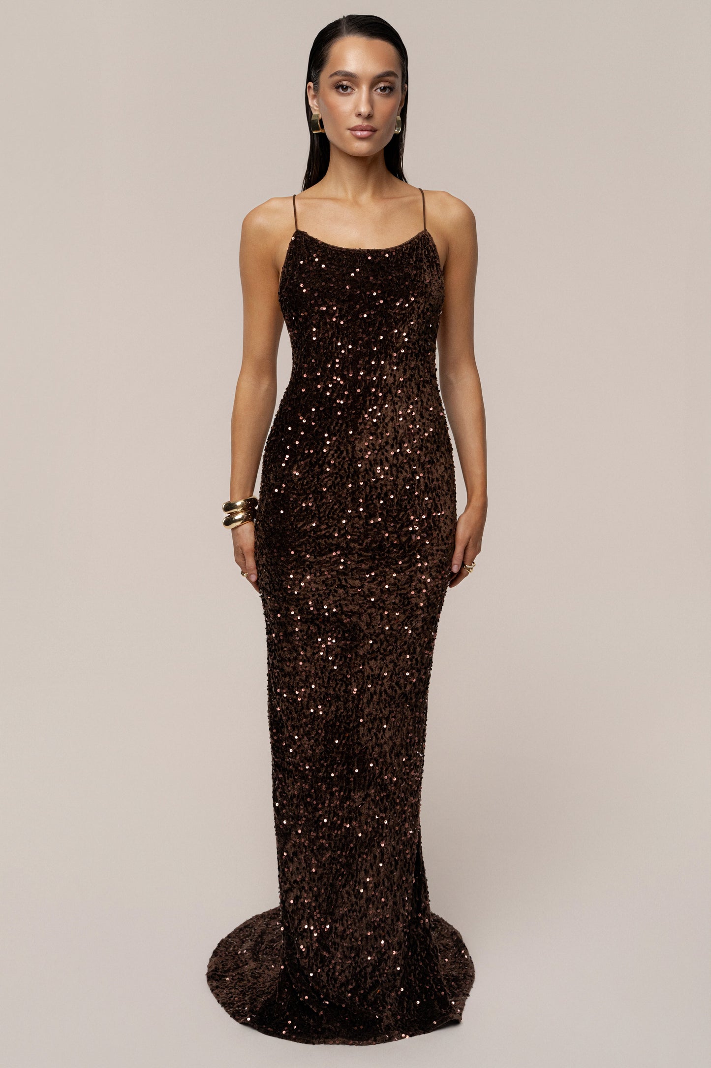 Brown Glisten All Night Sequin Gown JLUXLABEL