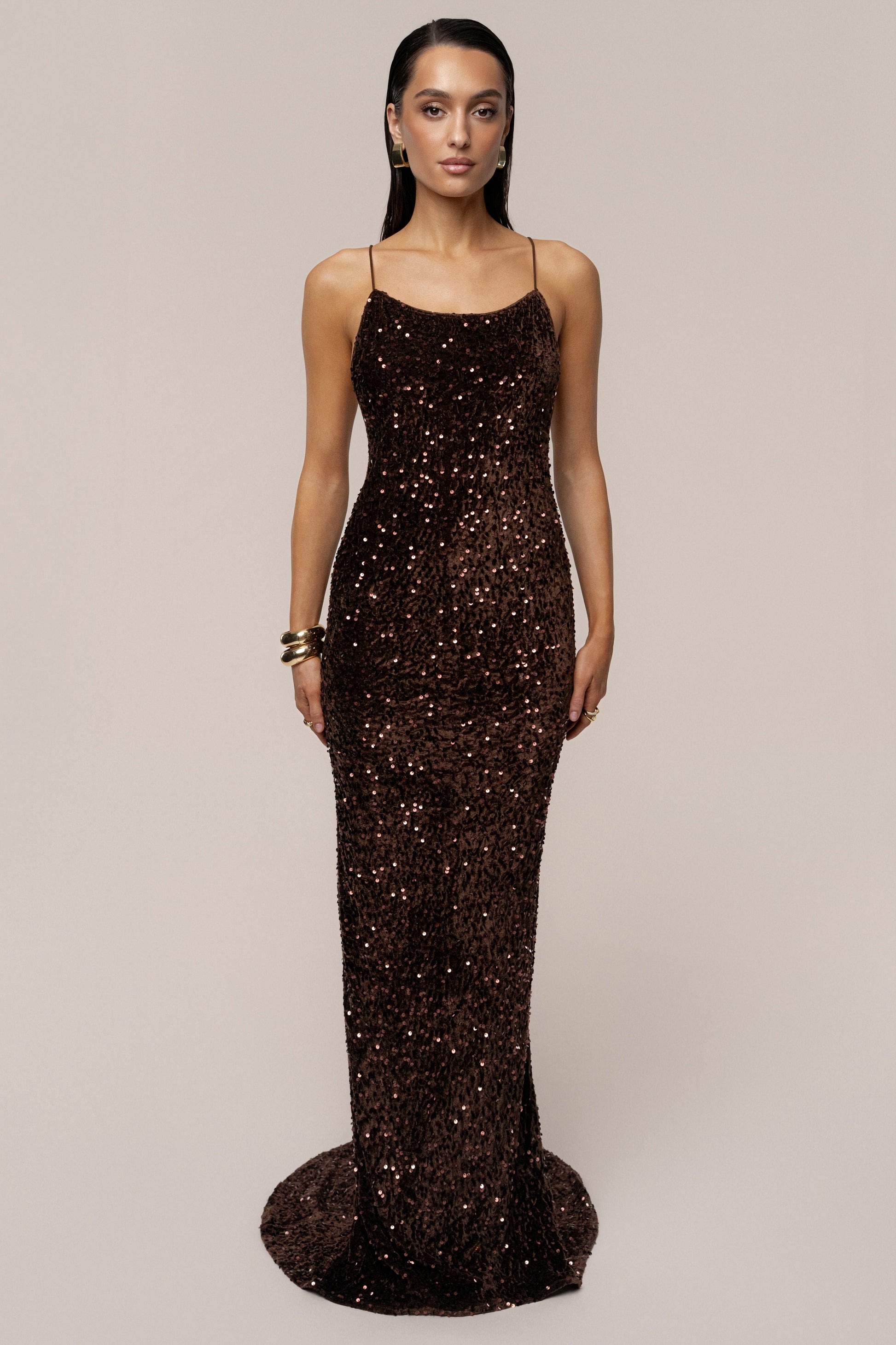 Brown Glisten All Night Sequin Gown JLUXLABEL